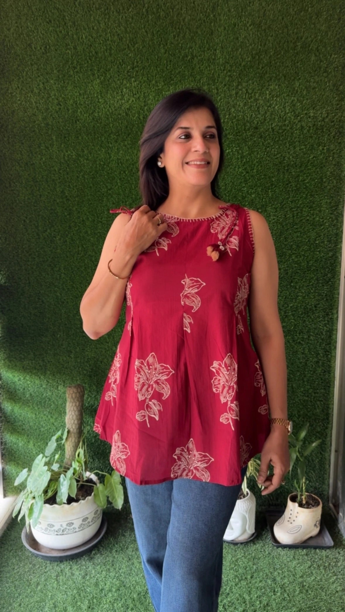 Maroon Sleeveless Short Top | Soft Cotton | Printed