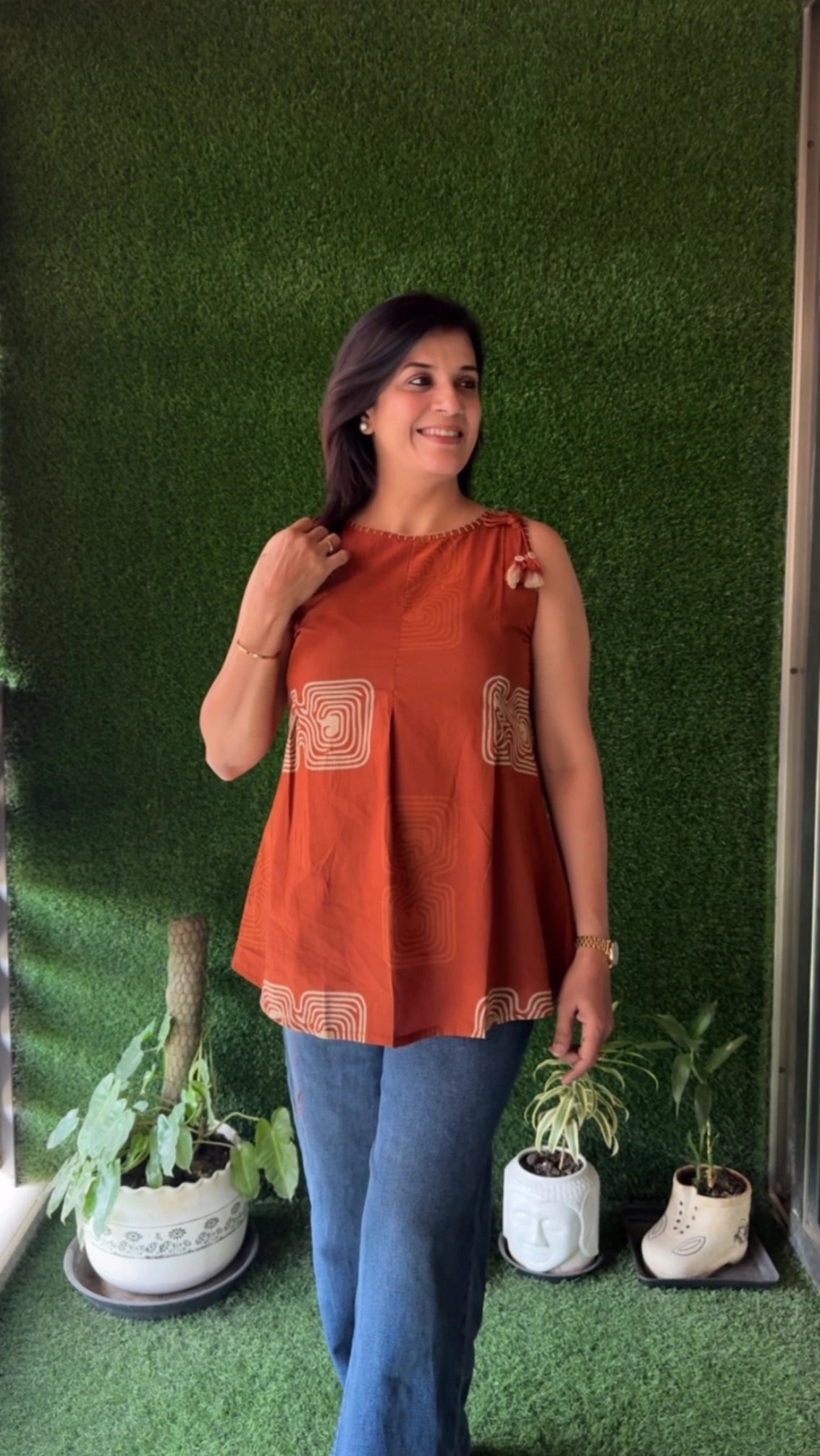 Rust Sleeveless Short Top | Soft Cotton | Printed