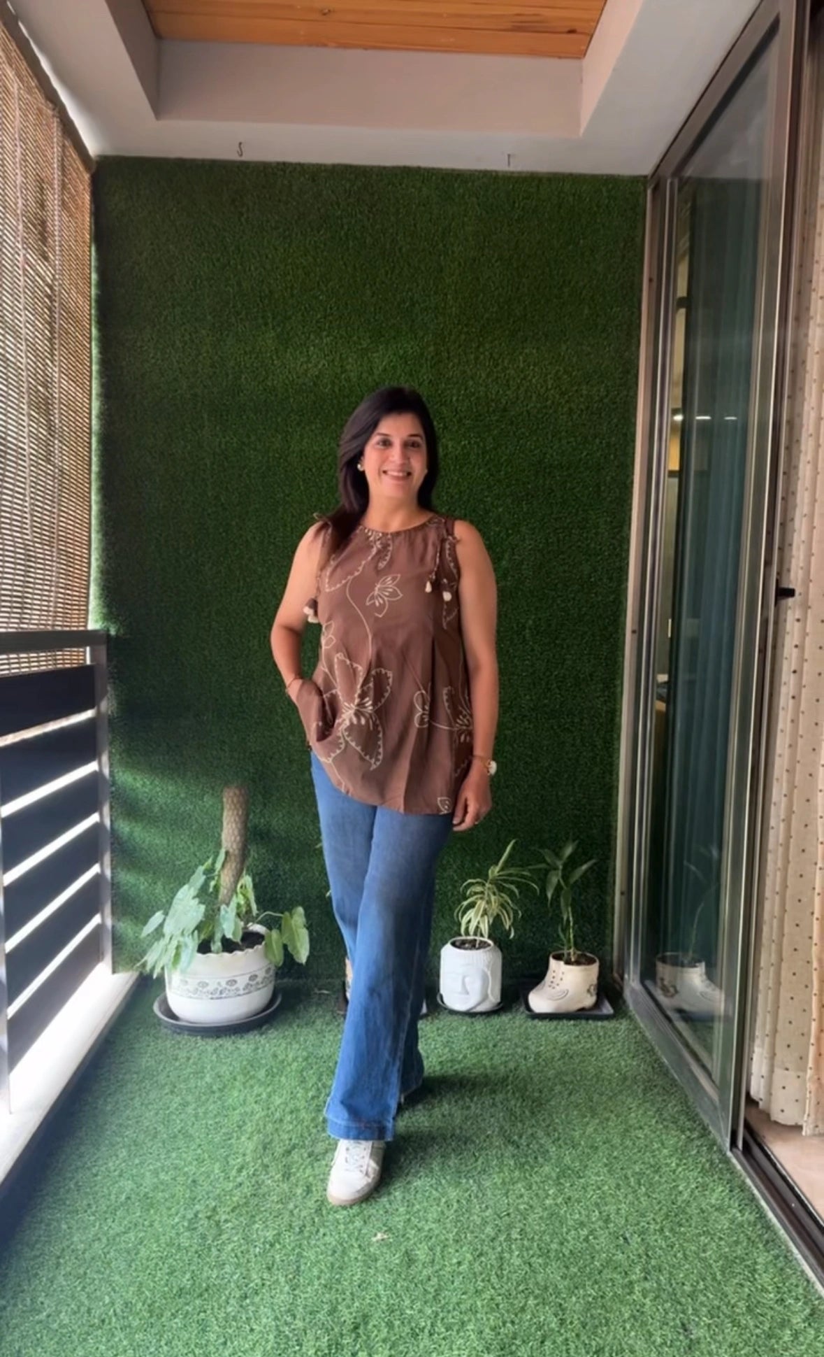 Brown Sleeveless Short Top | Soft Cotton | Printed