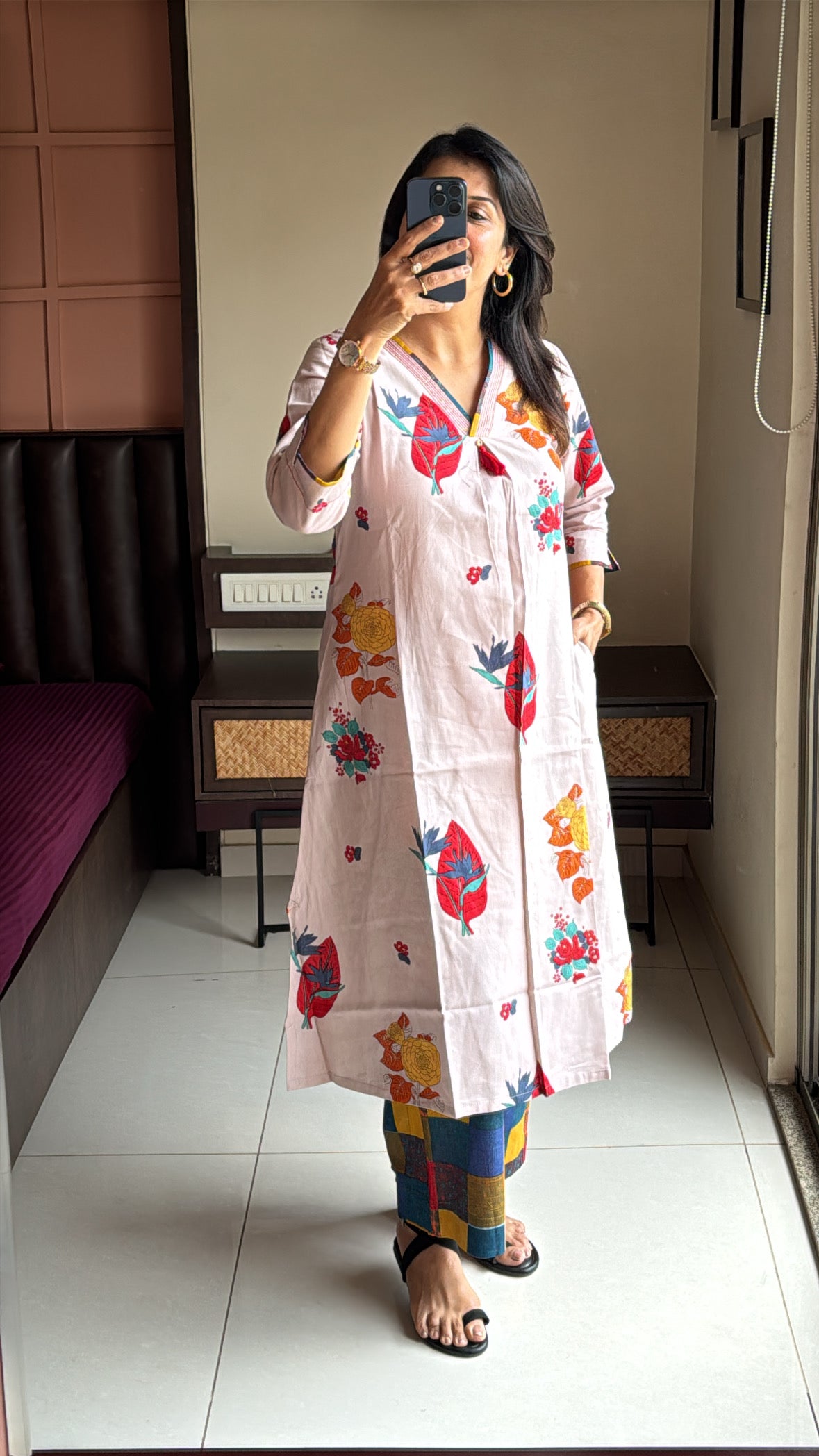 Beige Printed Kurta with Designer Bottom Set | Pure Cotton