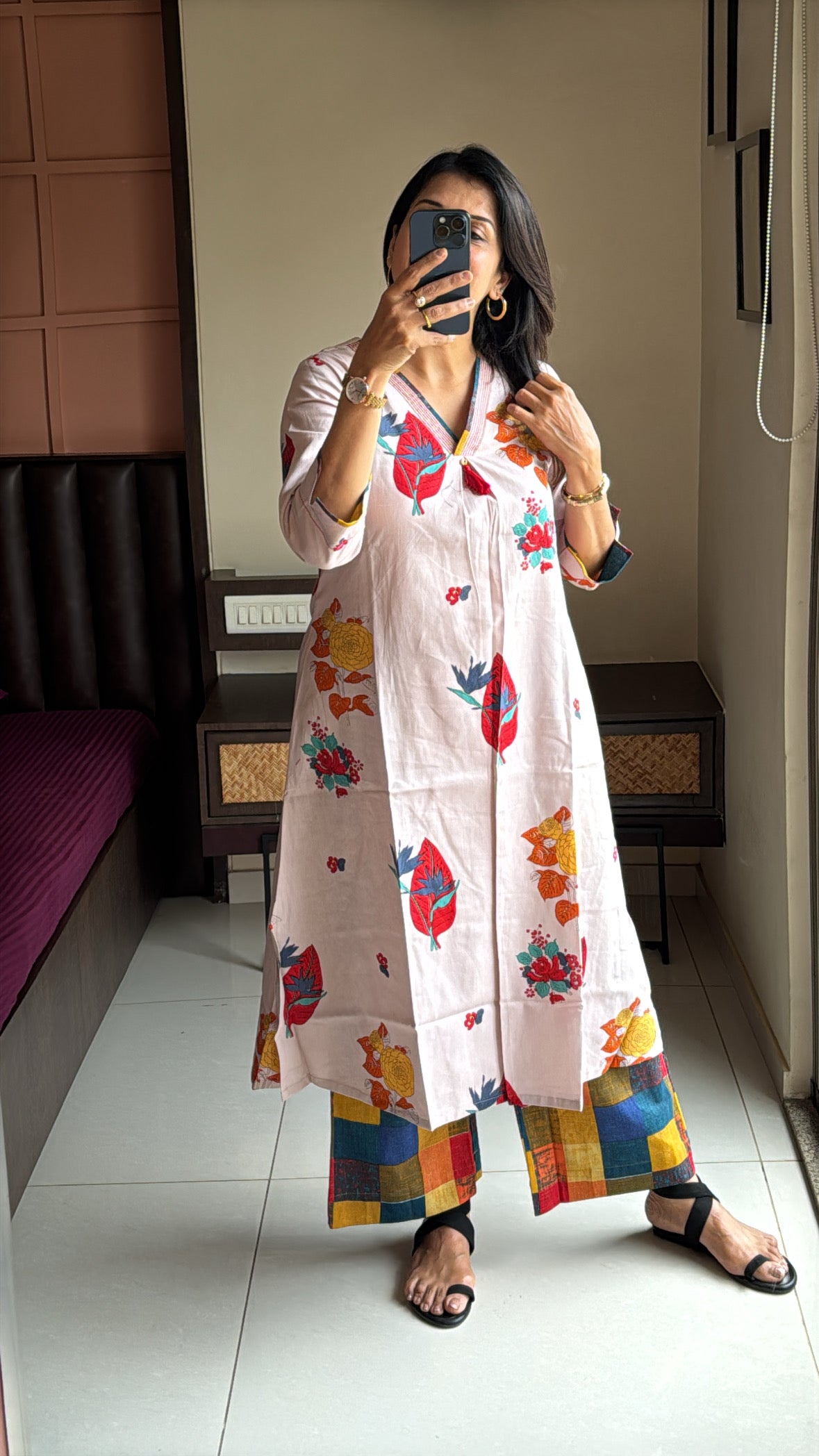 Beige Printed Kurta with Designer Bottom Set | Pure Cotton
