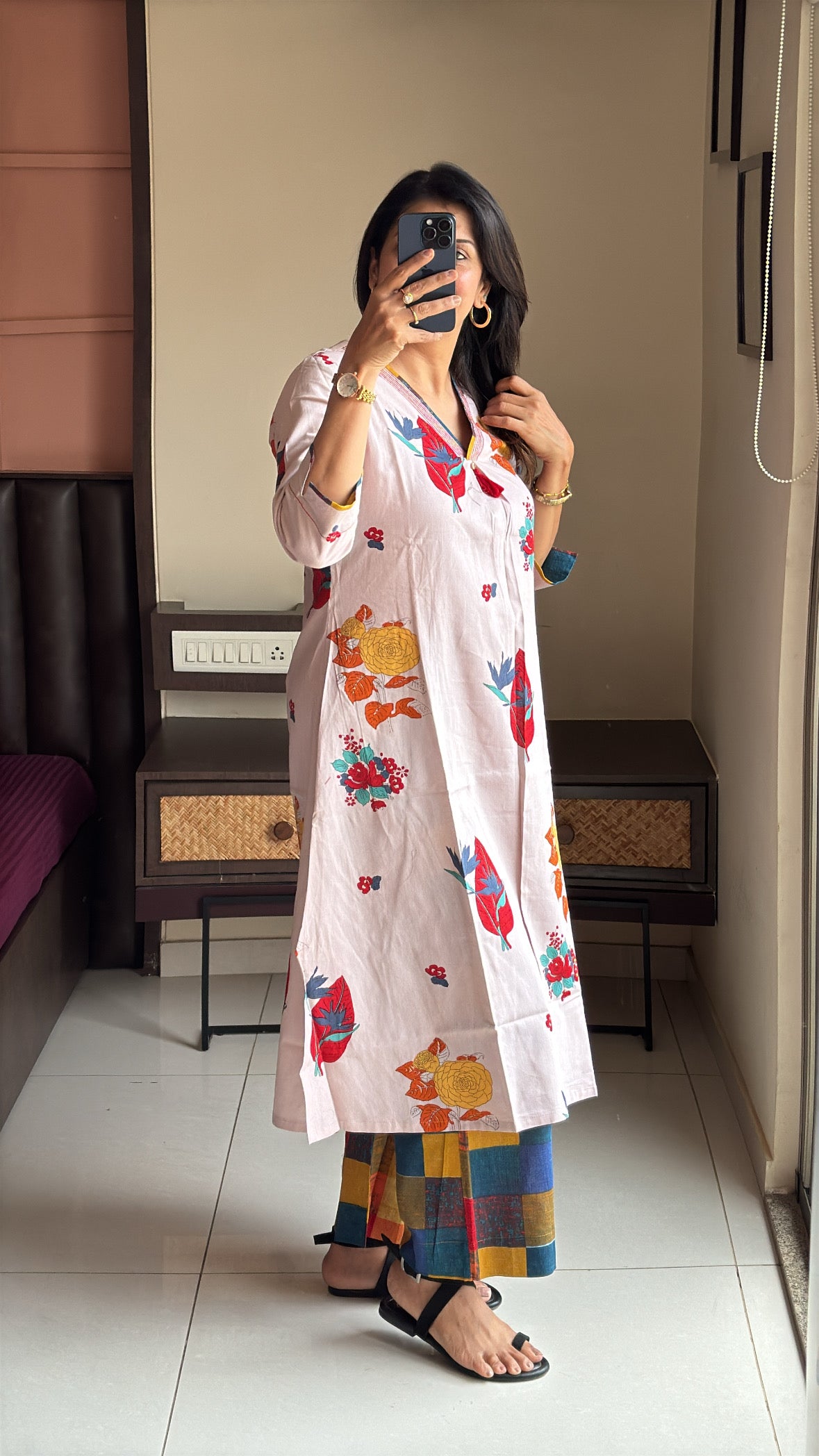 Beige Printed Kurta with Designer Bottom Set | Pure Cotton