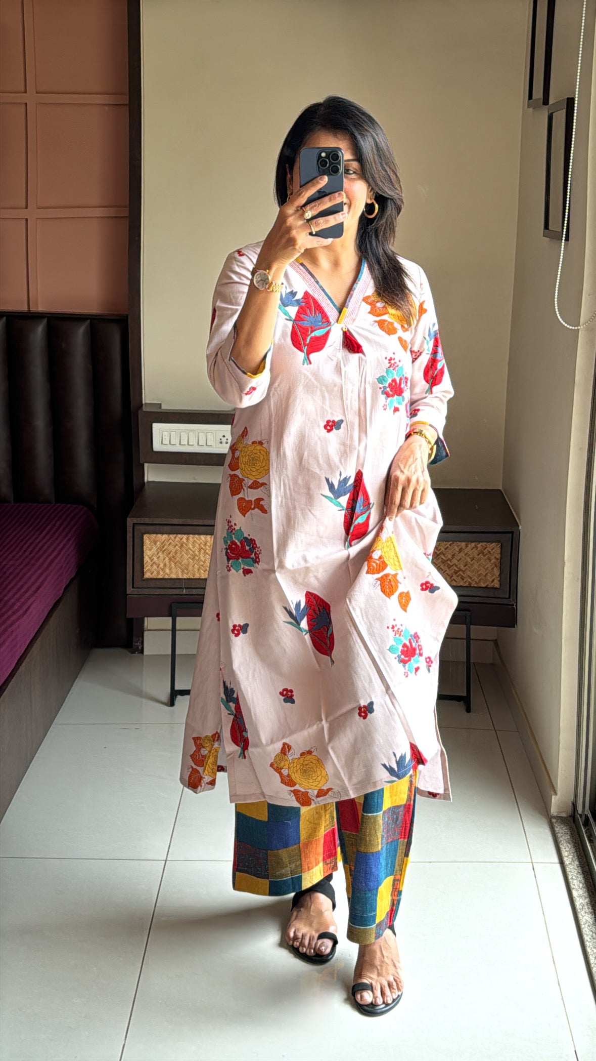 Beige Printed Kurta with Designer Bottom Set | Pure Cotton