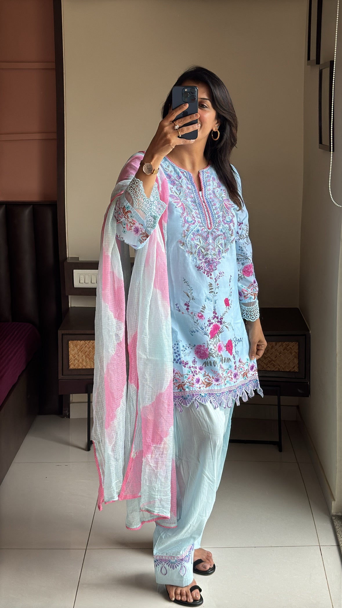 Baby Blue Short Kurti with Farsi Salwar & Kota Doria Dupatta | Applique, Lace & Embroidery Work