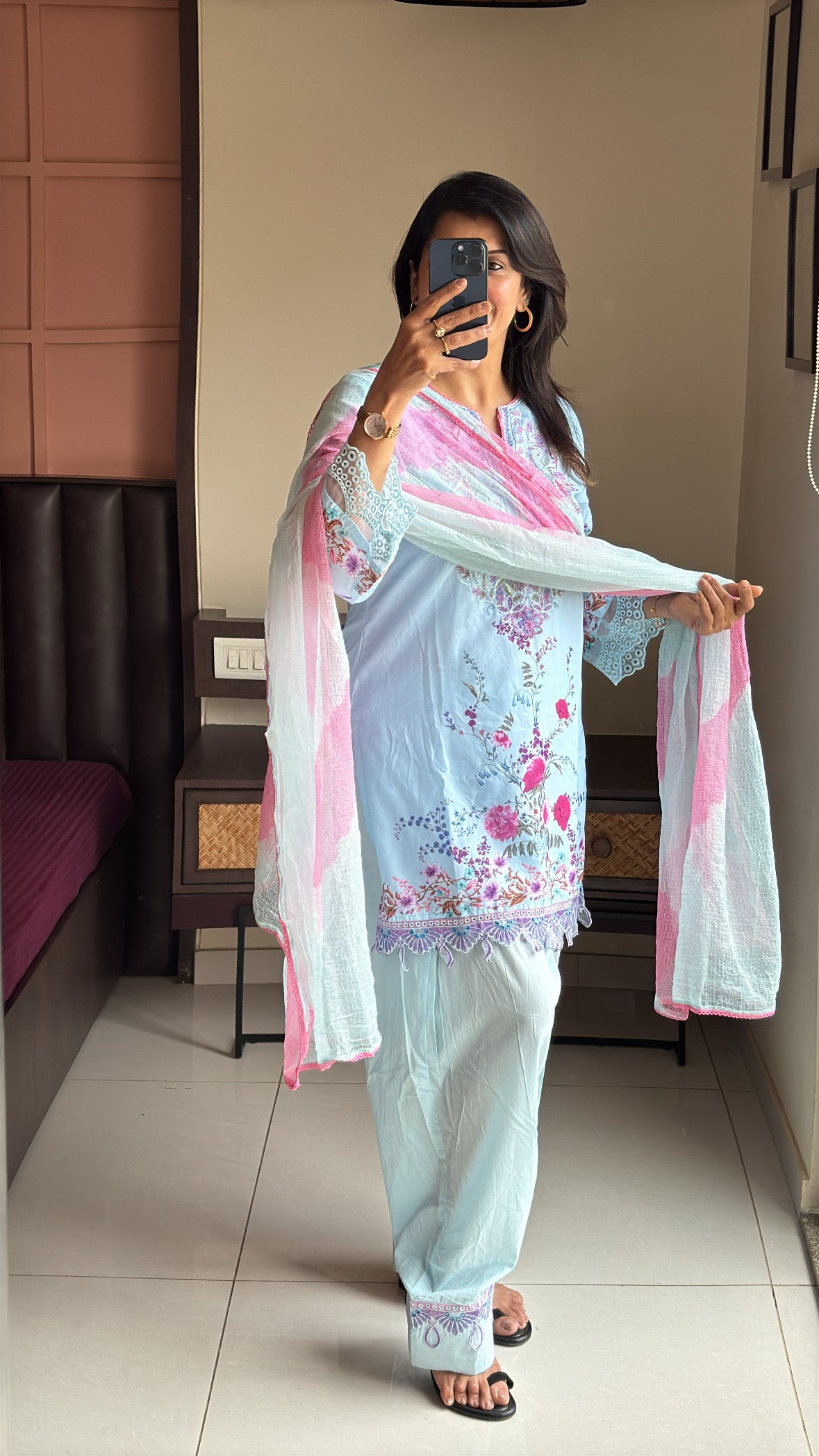 Baby Blue Short Kurti with Farsi Salwar & Kota Doria Dupatta | Applique, Lace & Embroidery Work