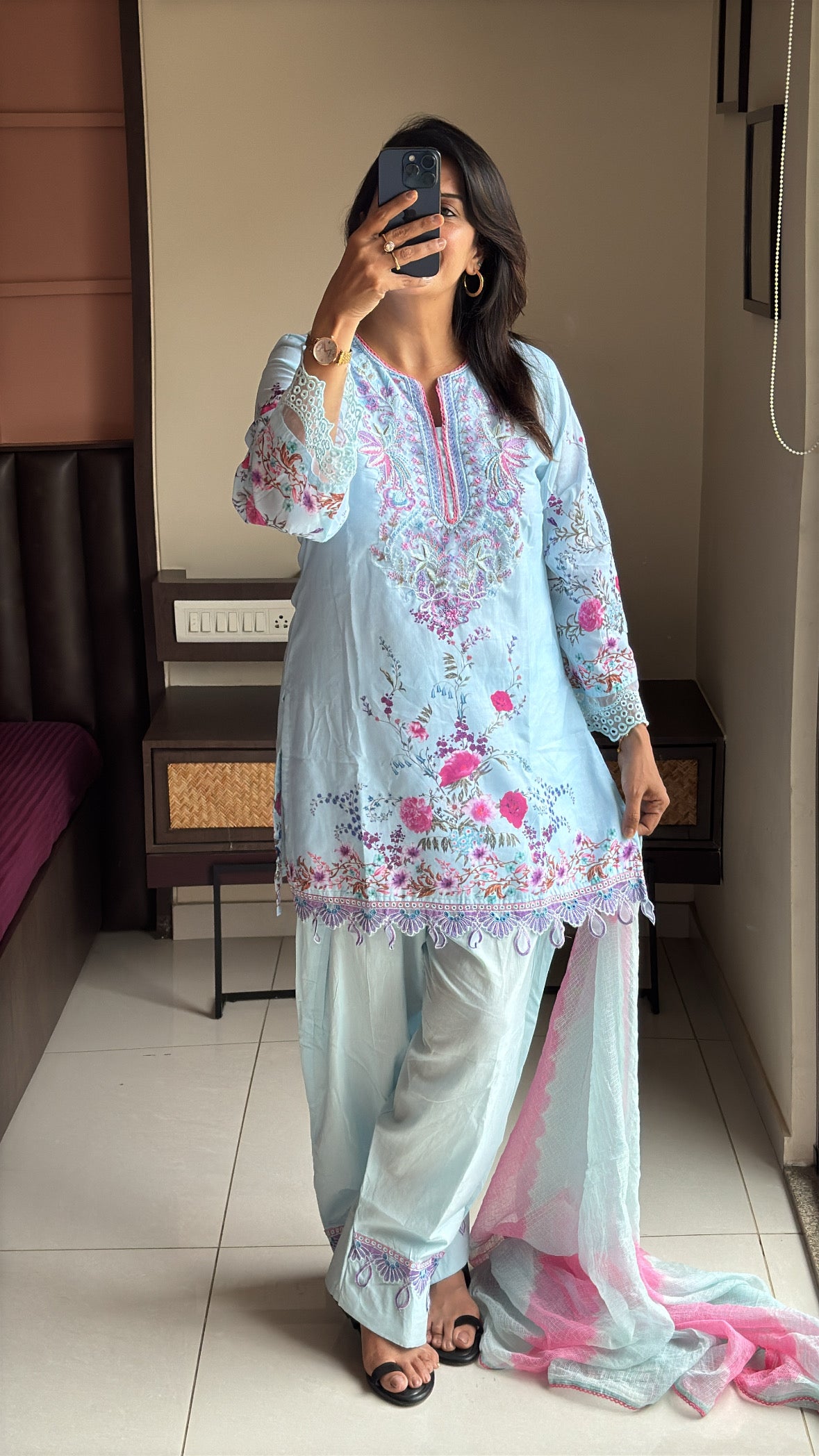 Baby Blue Short Kurti with Farsi Salwar & Kota Doria Dupatta | Applique, Lace & Embroidery Work