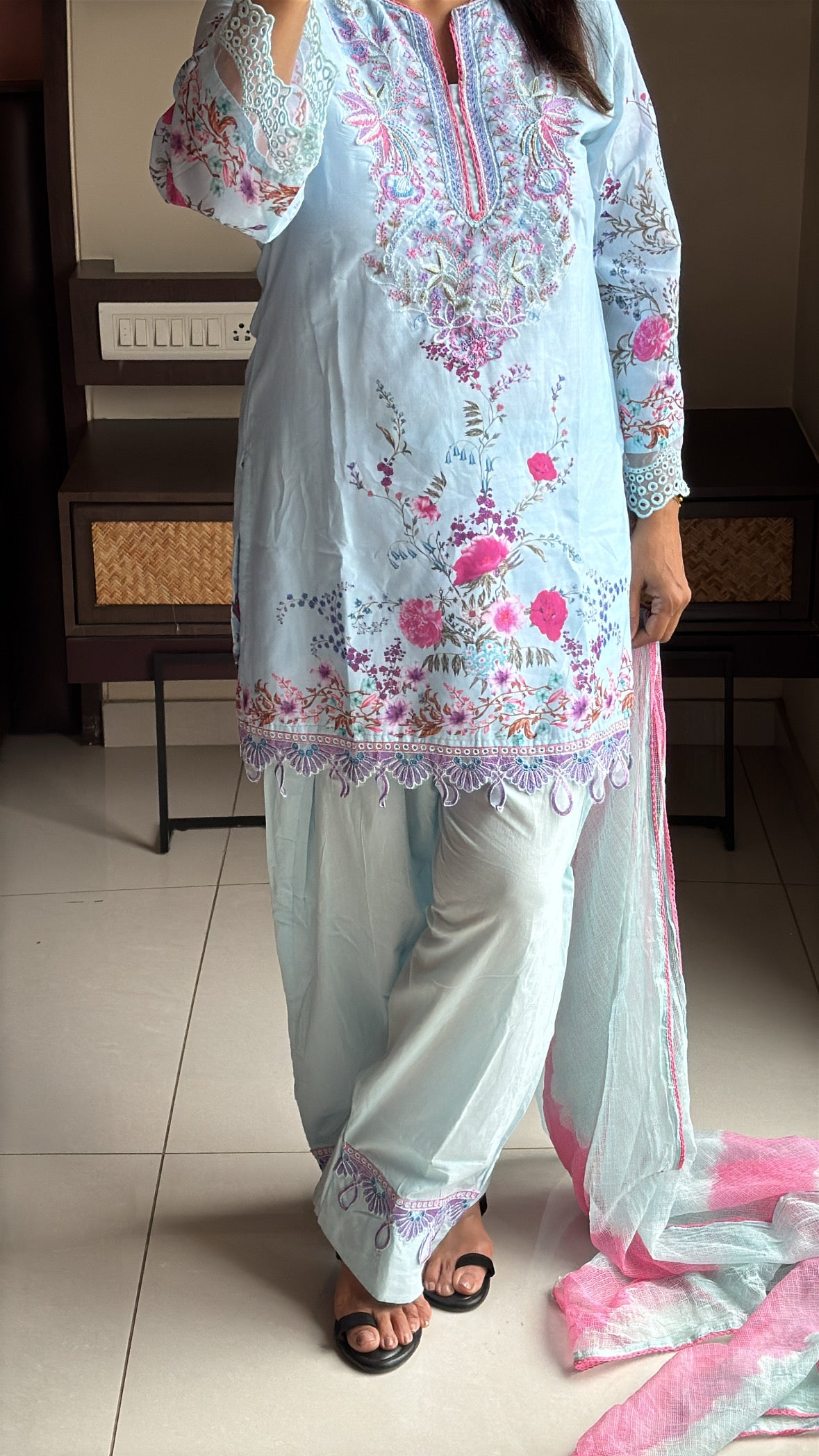 Baby Blue Short Kurti with Farsi Salwar & Kota Doria Dupatta | Applique, Lace & Embroidery Work