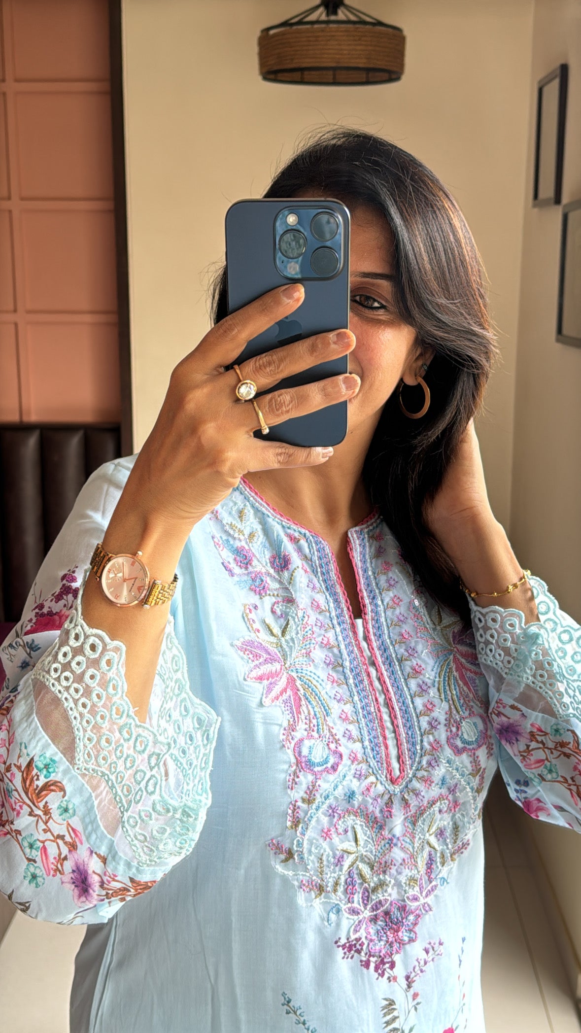 Baby Blue Short Kurti with Farsi Salwar & Kota Doria Dupatta | Applique, Lace & Embroidery Work