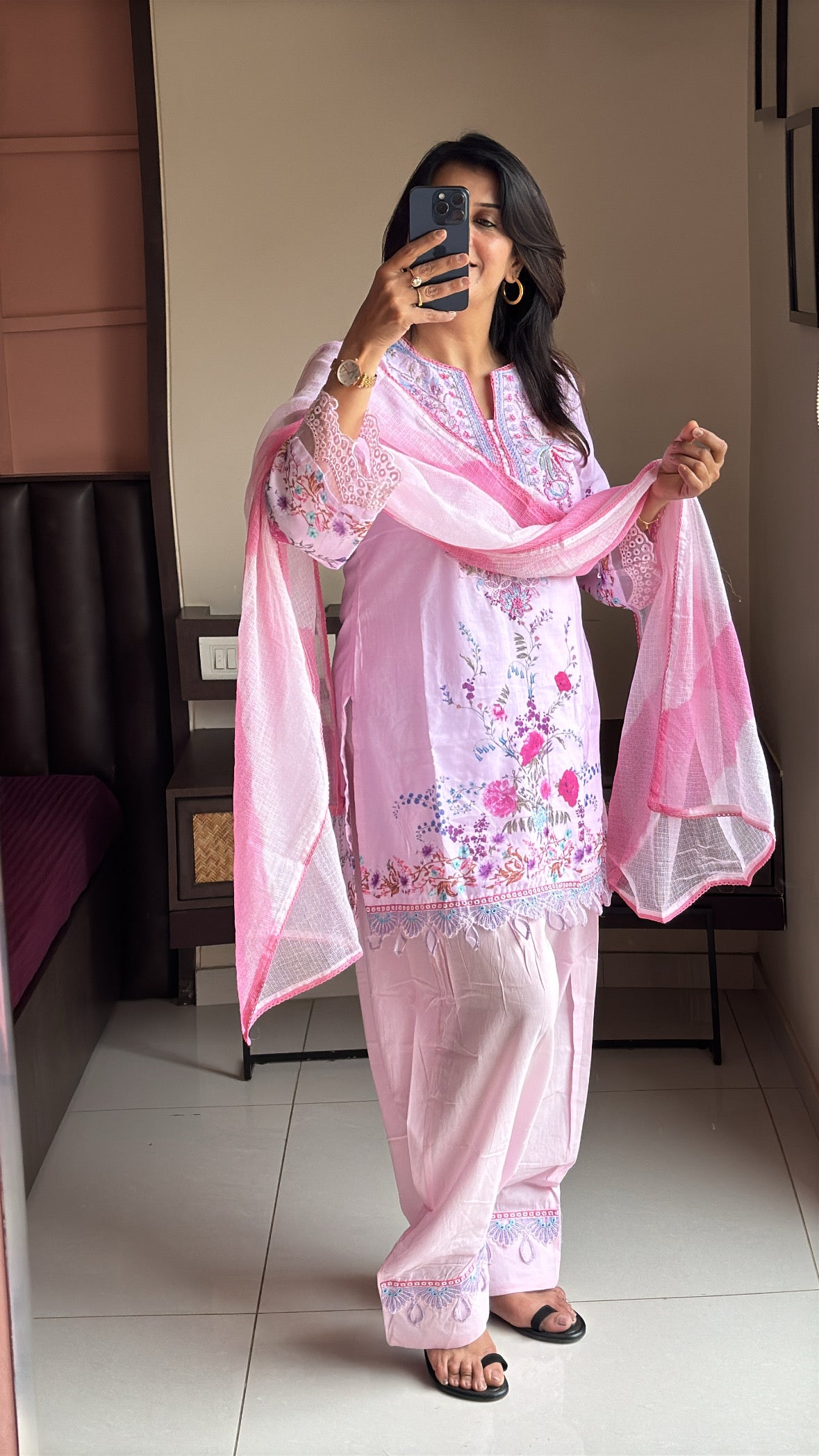 Baby Pink Short Kurti with Farsi Salwar & Kota Doria Dupatta | Applique, Lace & Embroidery Work