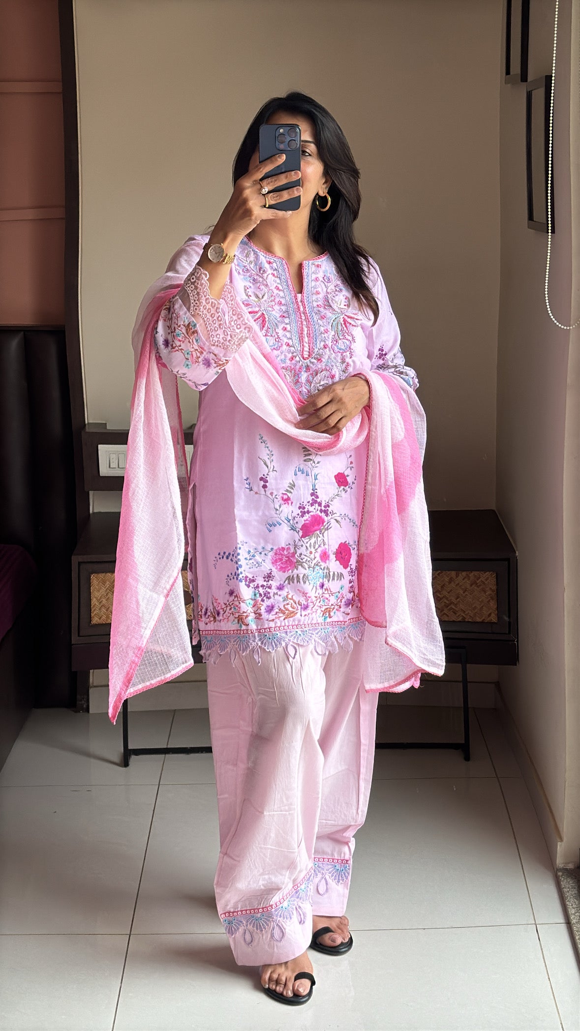 Baby Pink Short Kurti with Farsi Salwar & Kota Doria Dupatta | Applique, Lace & Embroidery Work