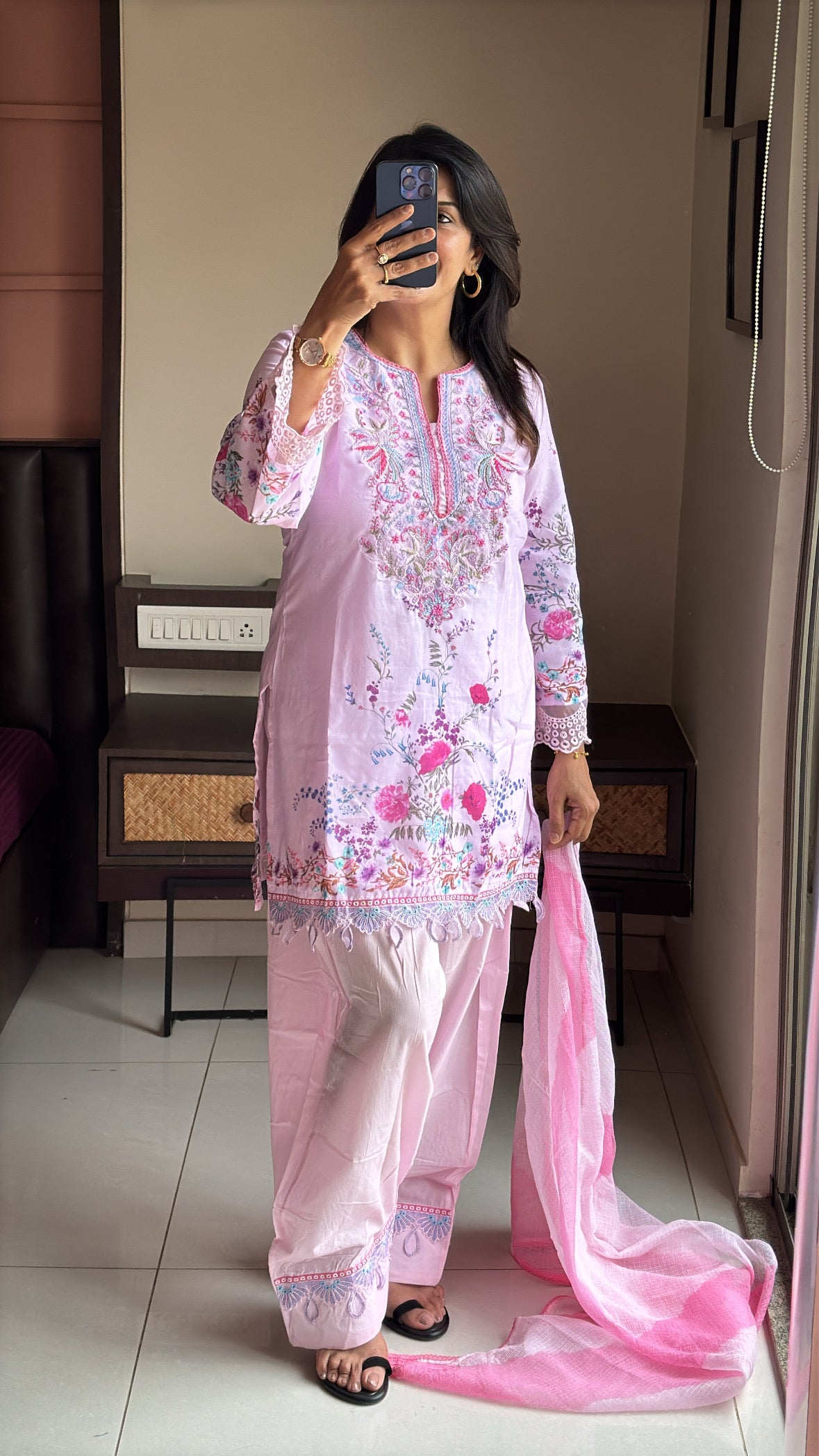 Baby Pink Short Kurti with Farsi Salwar & Kota Doria Dupatta | Applique, Lace & Embroidery Work