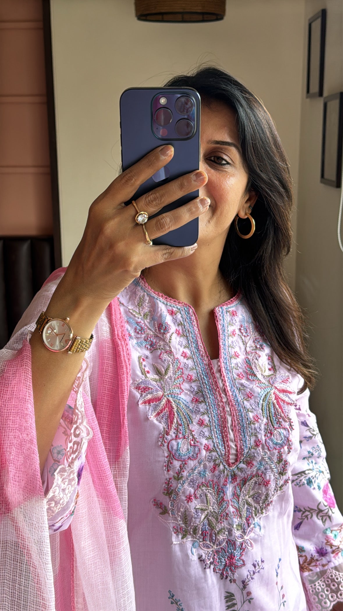 Baby Pink Short Kurti with Farsi Salwar & Kota Doria Dupatta | Applique, Lace & Embroidery Work