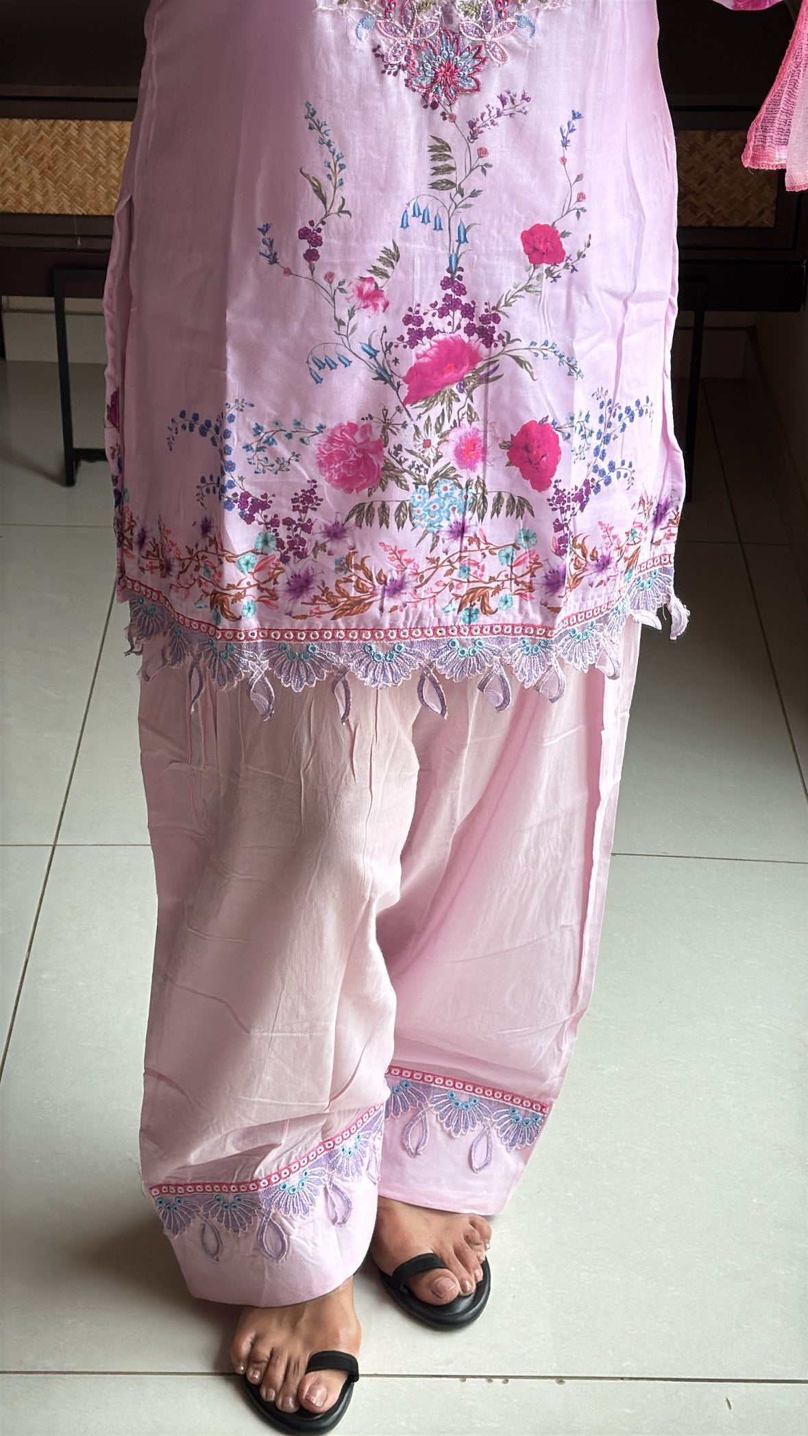 Baby Pink Short Kurti with Farsi Salwar & Kota Doria Dupatta | Applique, Lace & Embroidery Work