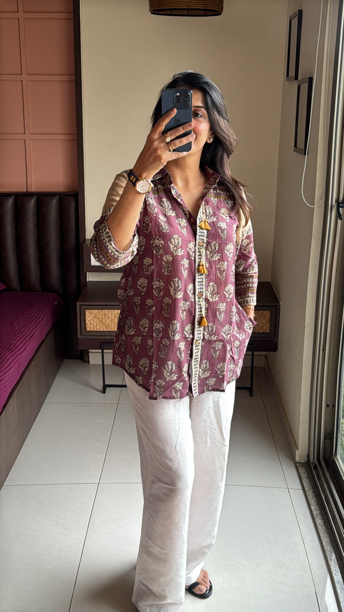 Purple Collared Kalamkari Block Print Tunic Shirt | Mul Chanderi