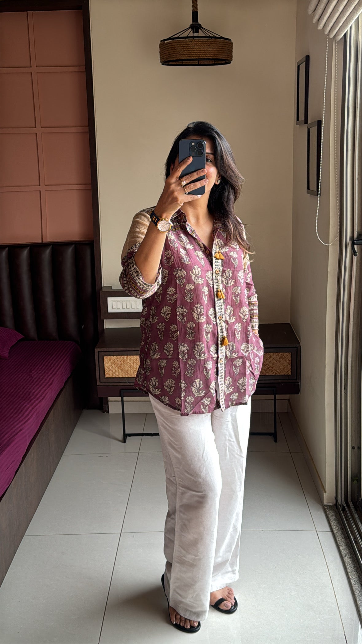 Purple Collared Kalamkari Block Print Tunic Shirt | Mul Chanderi