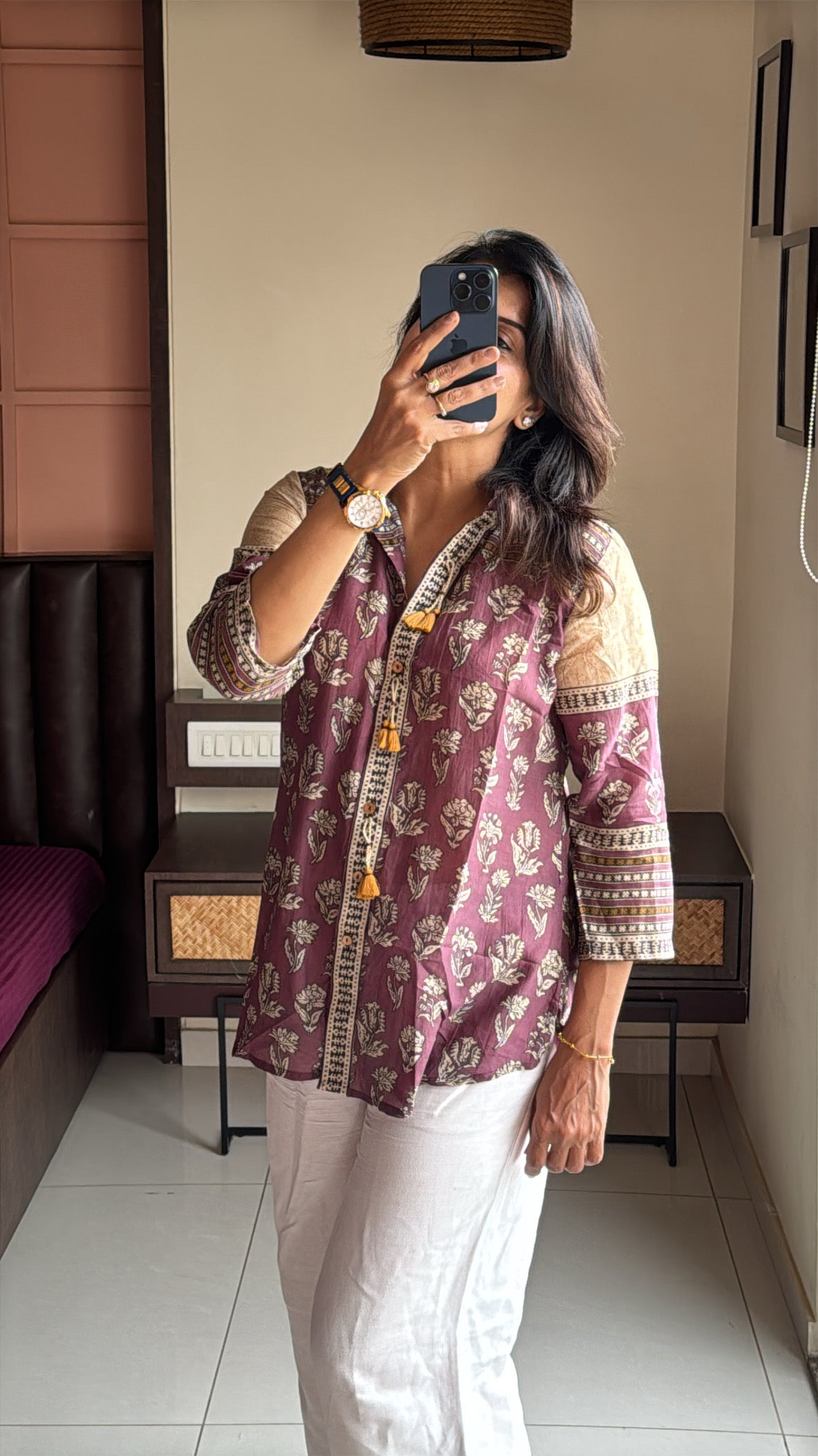Purple Collared Kalamkari Block Print Tunic Shirt | Mul Chanderi