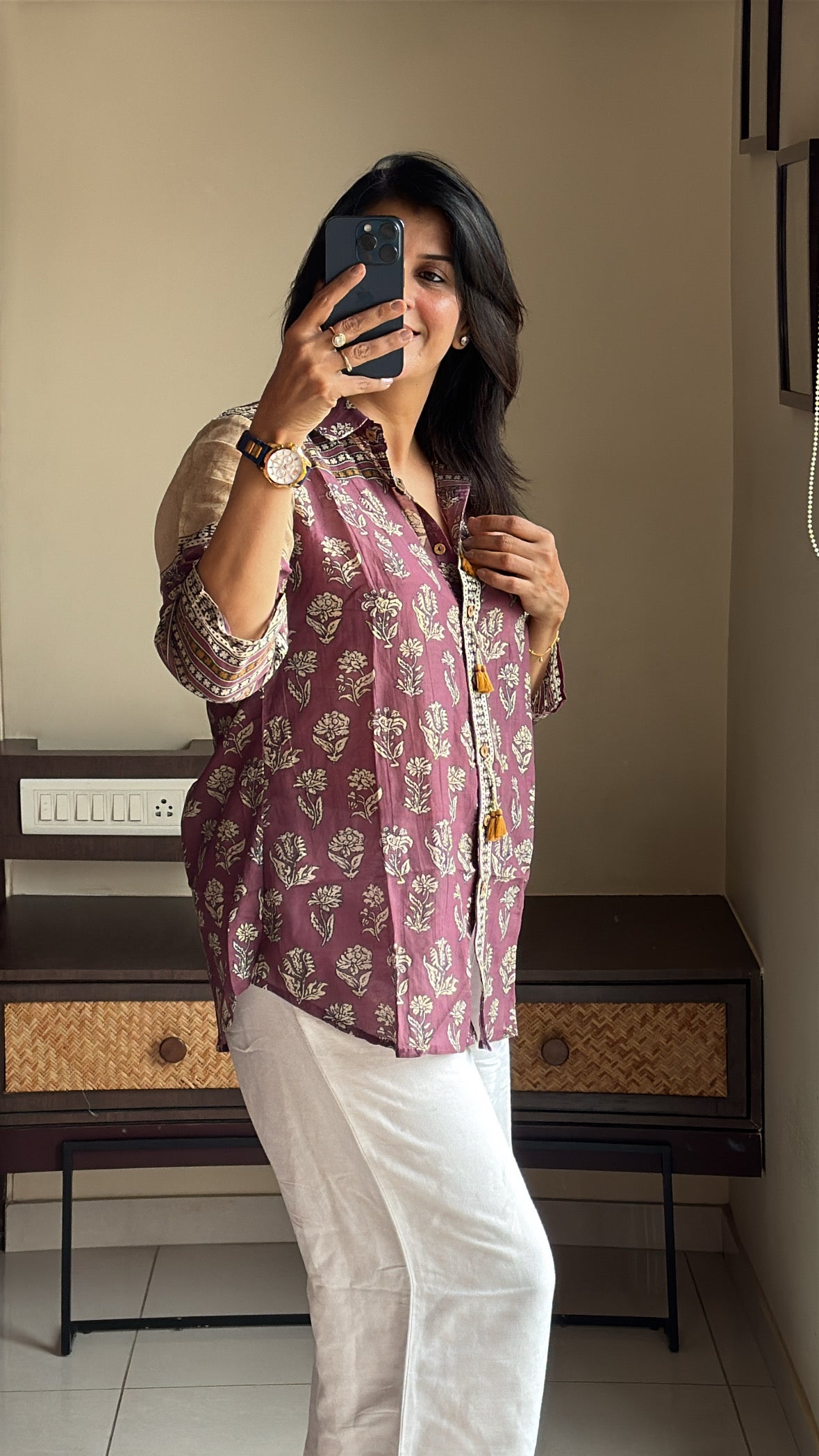 Purple Collared Kalamkari Block Print Tunic Shirt | Mul Chanderi