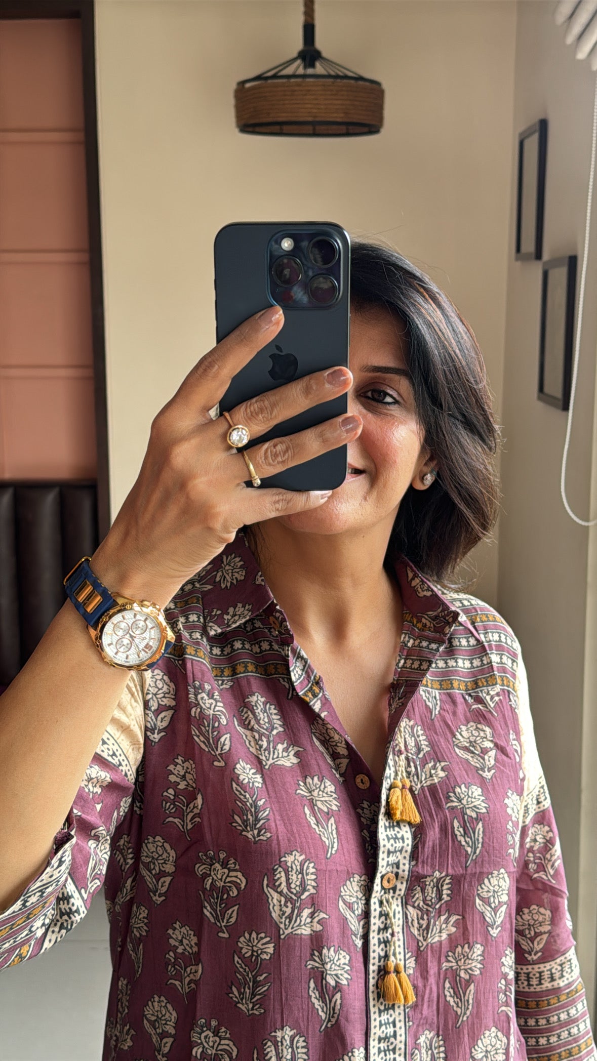 Purple Collared Kalamkari Block Print Tunic Shirt | Mul Chanderi