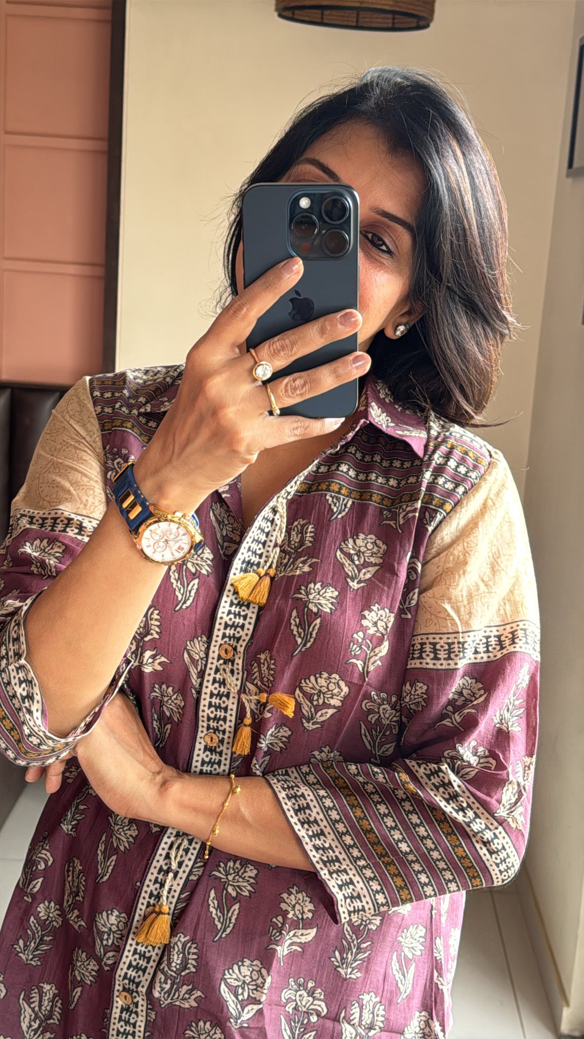 Purple Collared Kalamkari Block Print Tunic Shirt | Mul Chanderi
