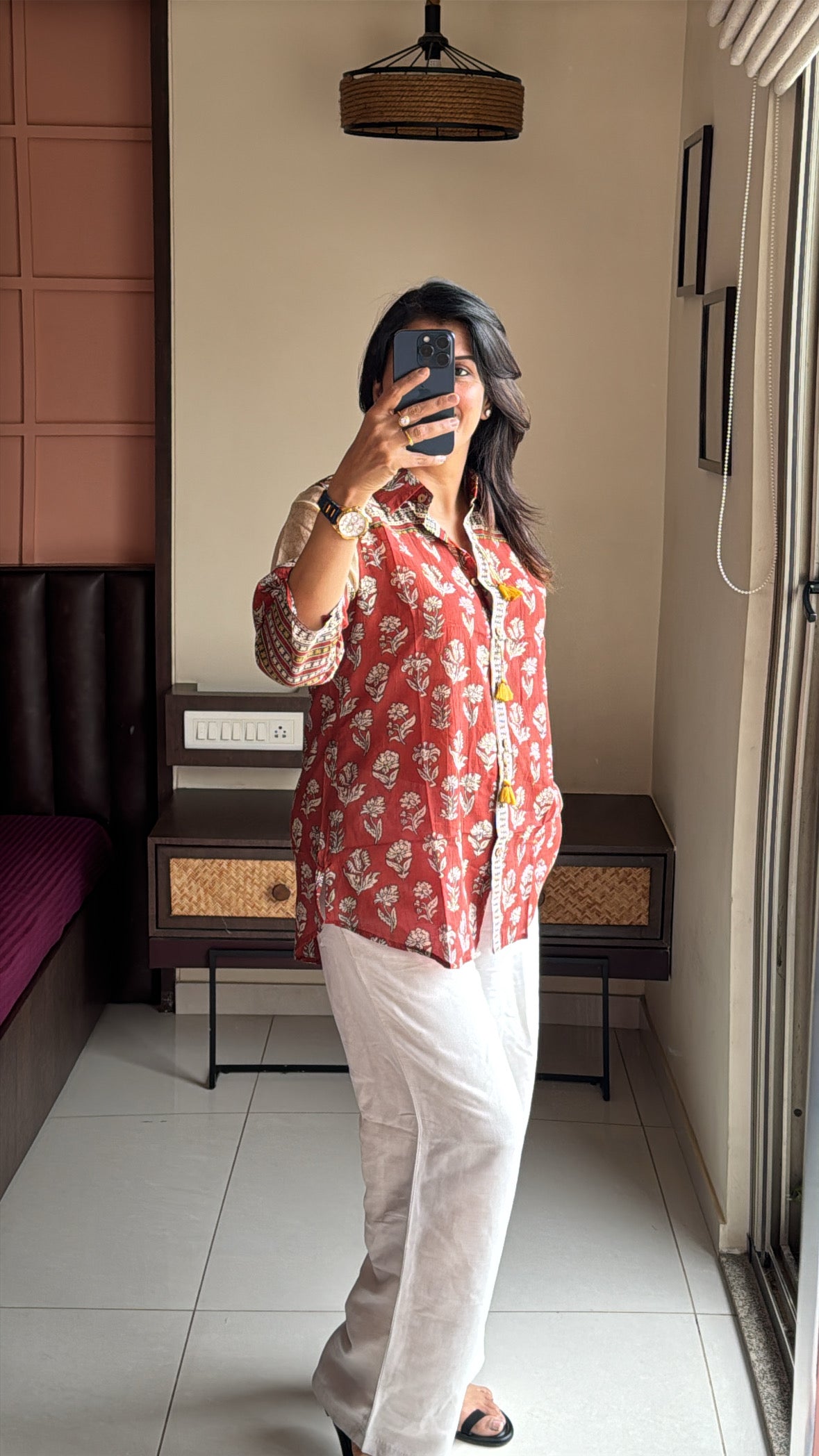 Red Rust Collared Kalamkari Block Print Tunic Shirt | Mul Chanderi
