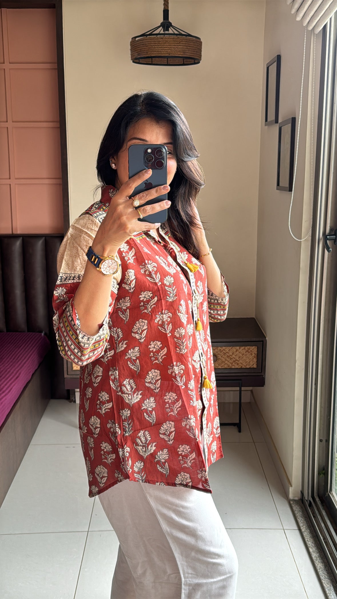 Red Rust Collared Kalamkari Block Print Tunic Shirt | Mul Chanderi