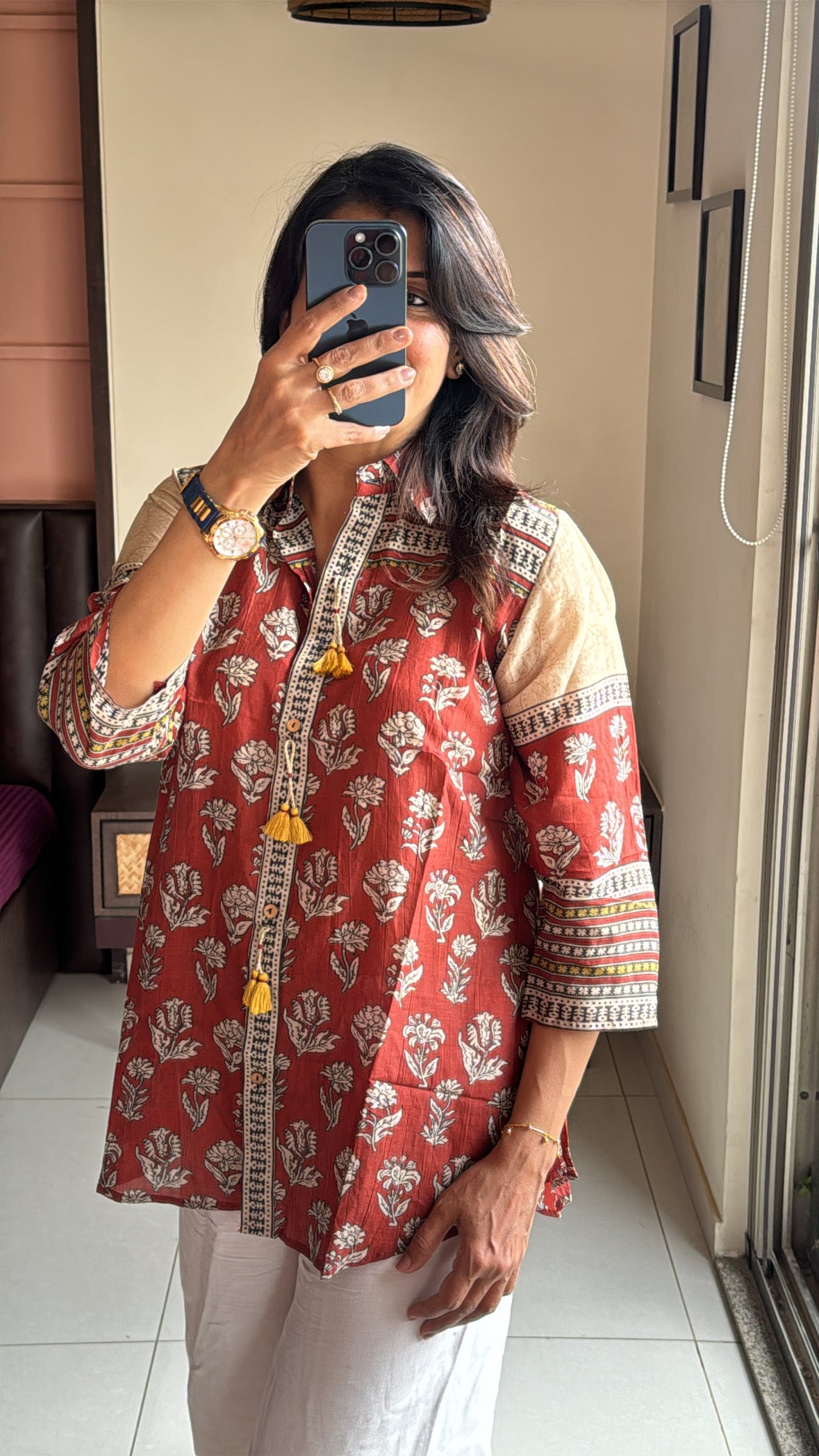 Red Rust Collared Kalamkari Block Print Tunic Shirt | Mul Chanderi