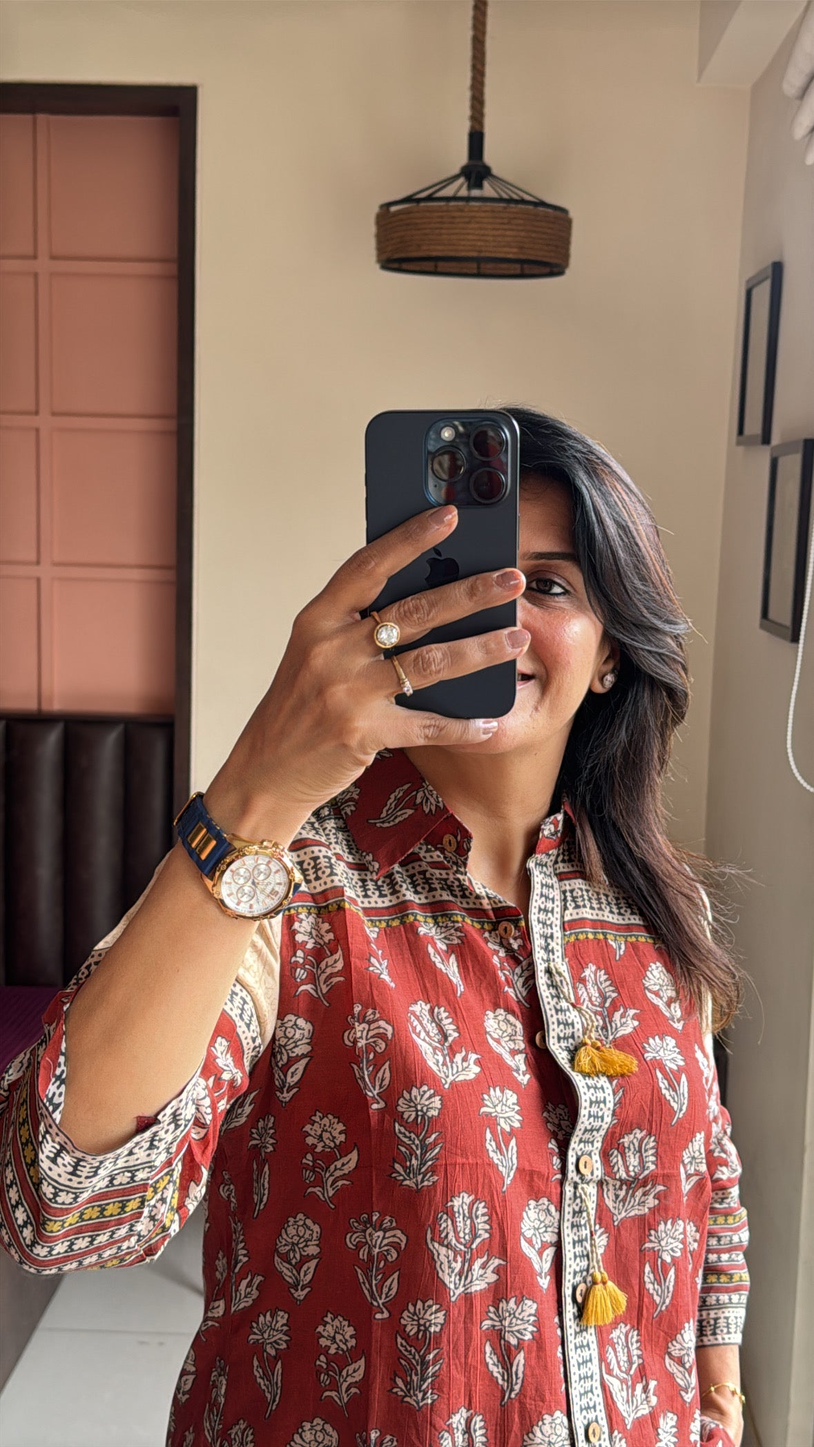Red Rust Collared Kalamkari Block Print Tunic Shirt | Mul Chanderi