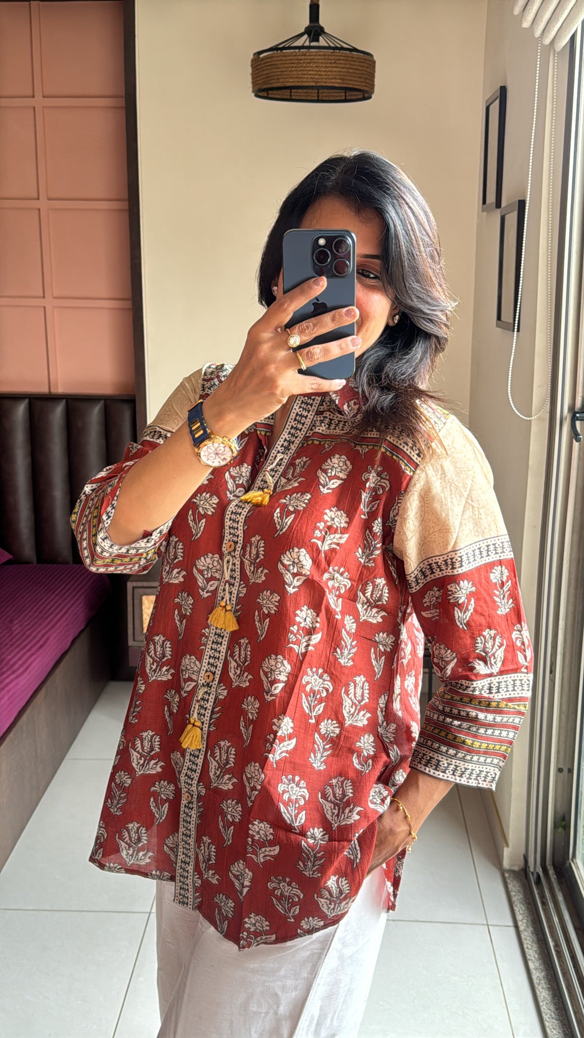 Red Rust Collared Kalamkari Block Print Tunic Shirt | Mul Chanderi