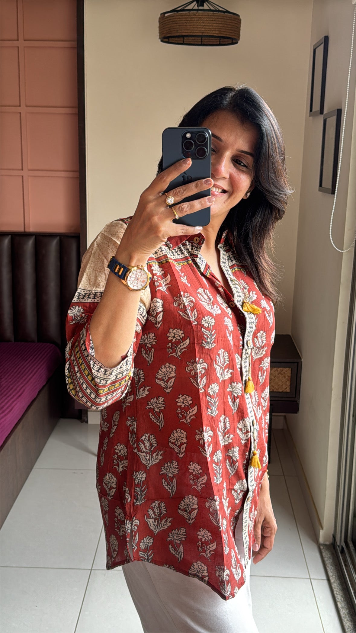 Red Rust Collared Kalamkari Block Print Tunic Shirt | Mul Chanderi