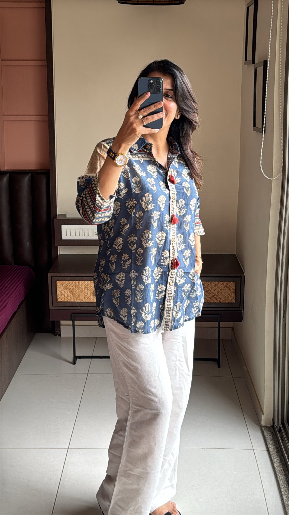 Indigo Blue Collared Kalamkari Block Print Tunic Shirt | Mul Chanderi