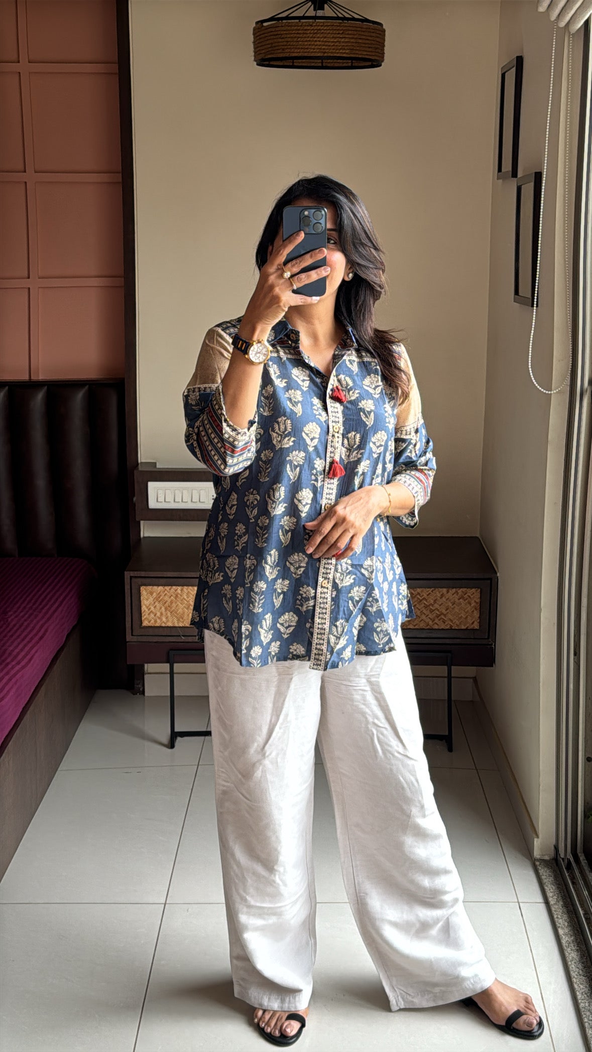 Indigo Blue Collared Kalamkari Block Print Tunic Shirt | Mul Chanderi