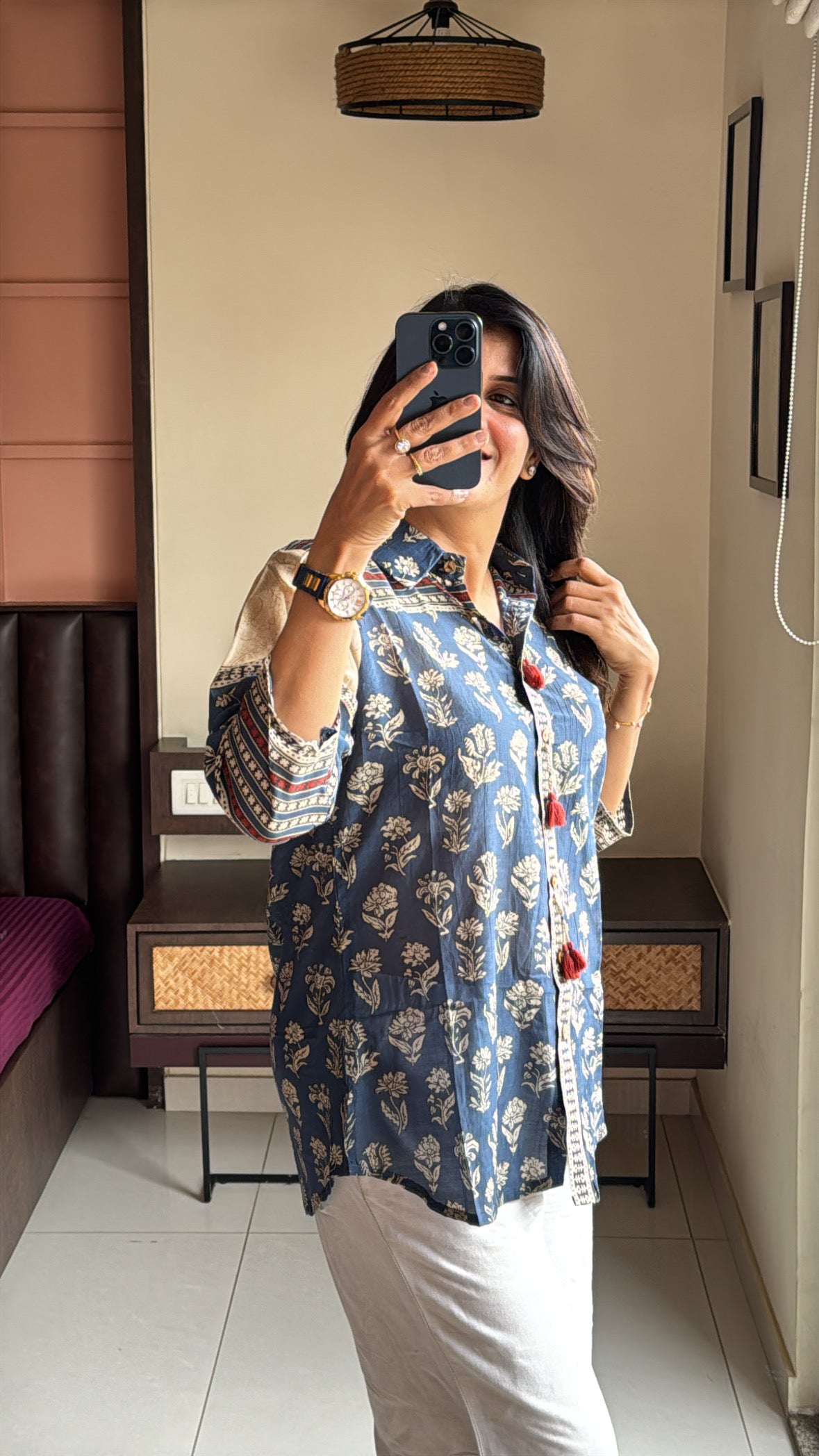 Indigo Blue Collared Kalamkari Block Print Tunic Shirt | Mul Chanderi
