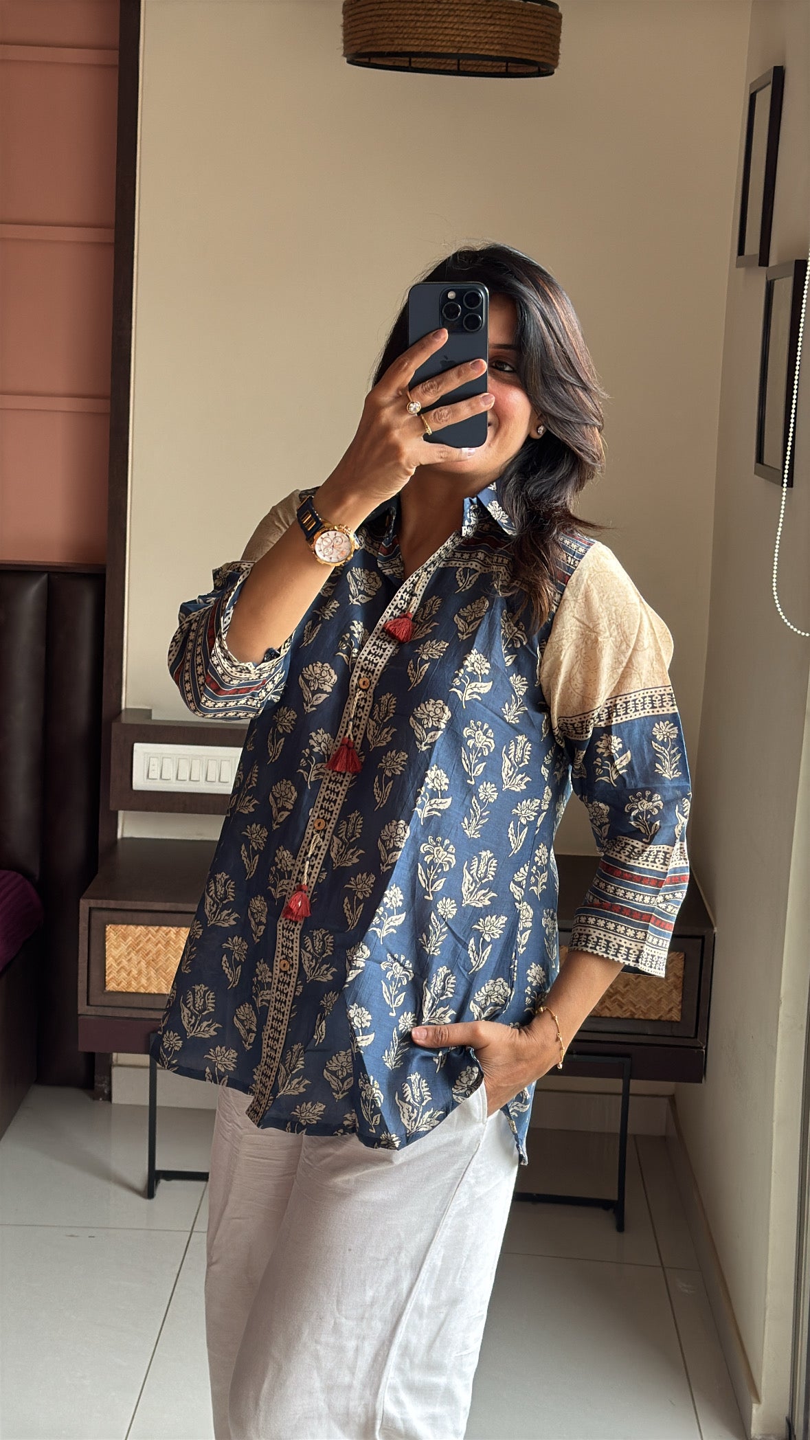 Indigo Blue Collared Kalamkari Block Print Tunic Shirt | Mul Chanderi