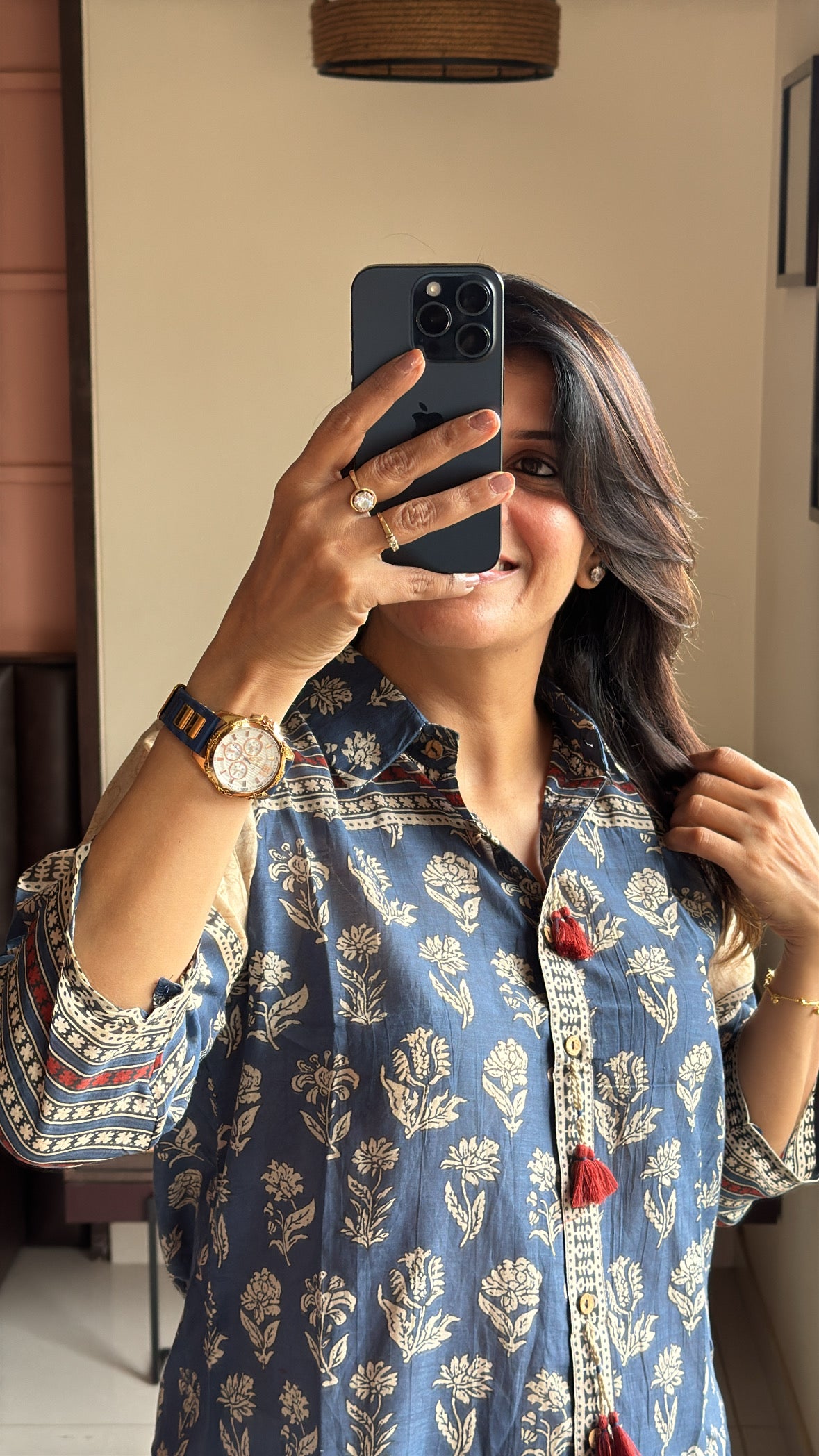 Indigo Blue Collared Kalamkari Block Print Tunic Shirt | Mul Chanderi