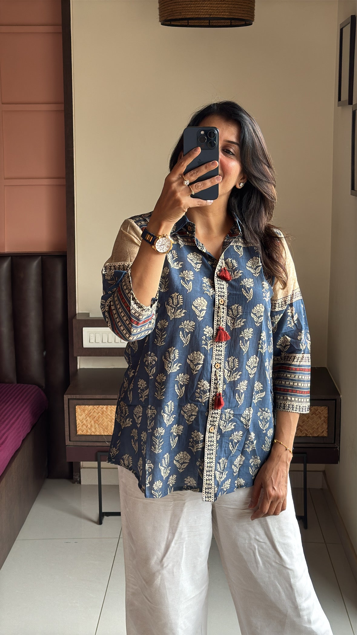 Indigo Blue Collared Kalamkari Block Print Tunic Shirt | Mul Chanderi