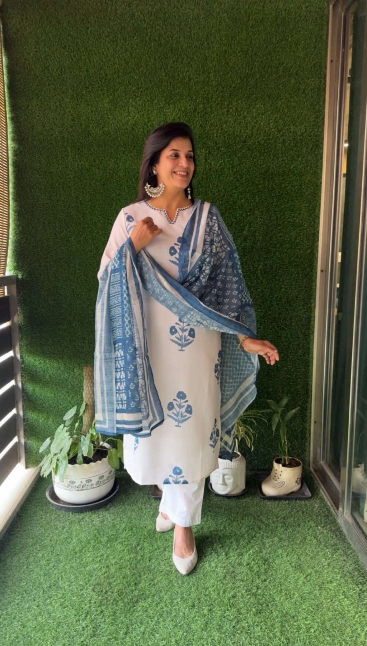 Off White Kurti Pant Set with Printed Dupatta