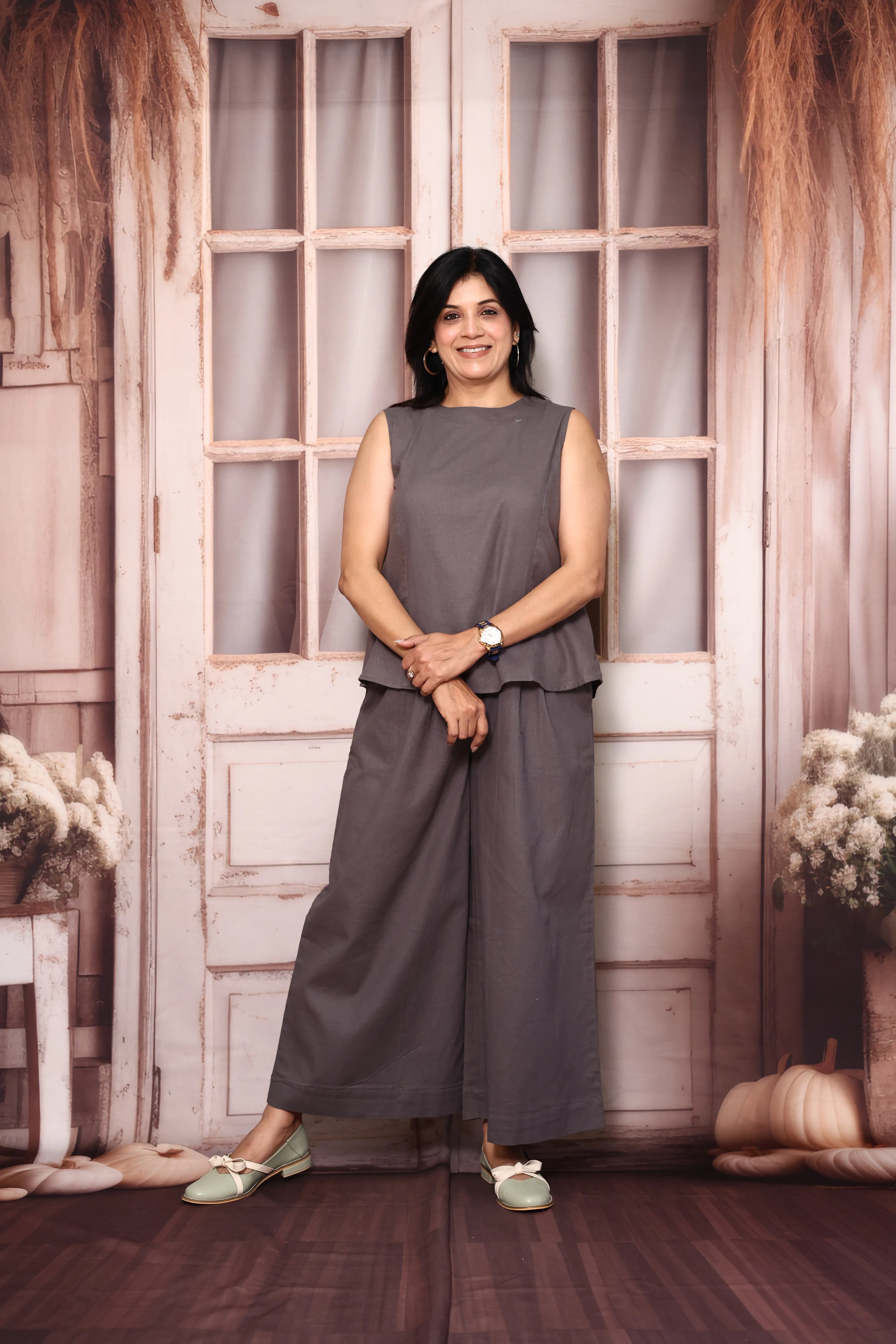 Grey Solid Sleeveless Co-Ord Set | Cotton Flex Casual & Office Wear Set for Women