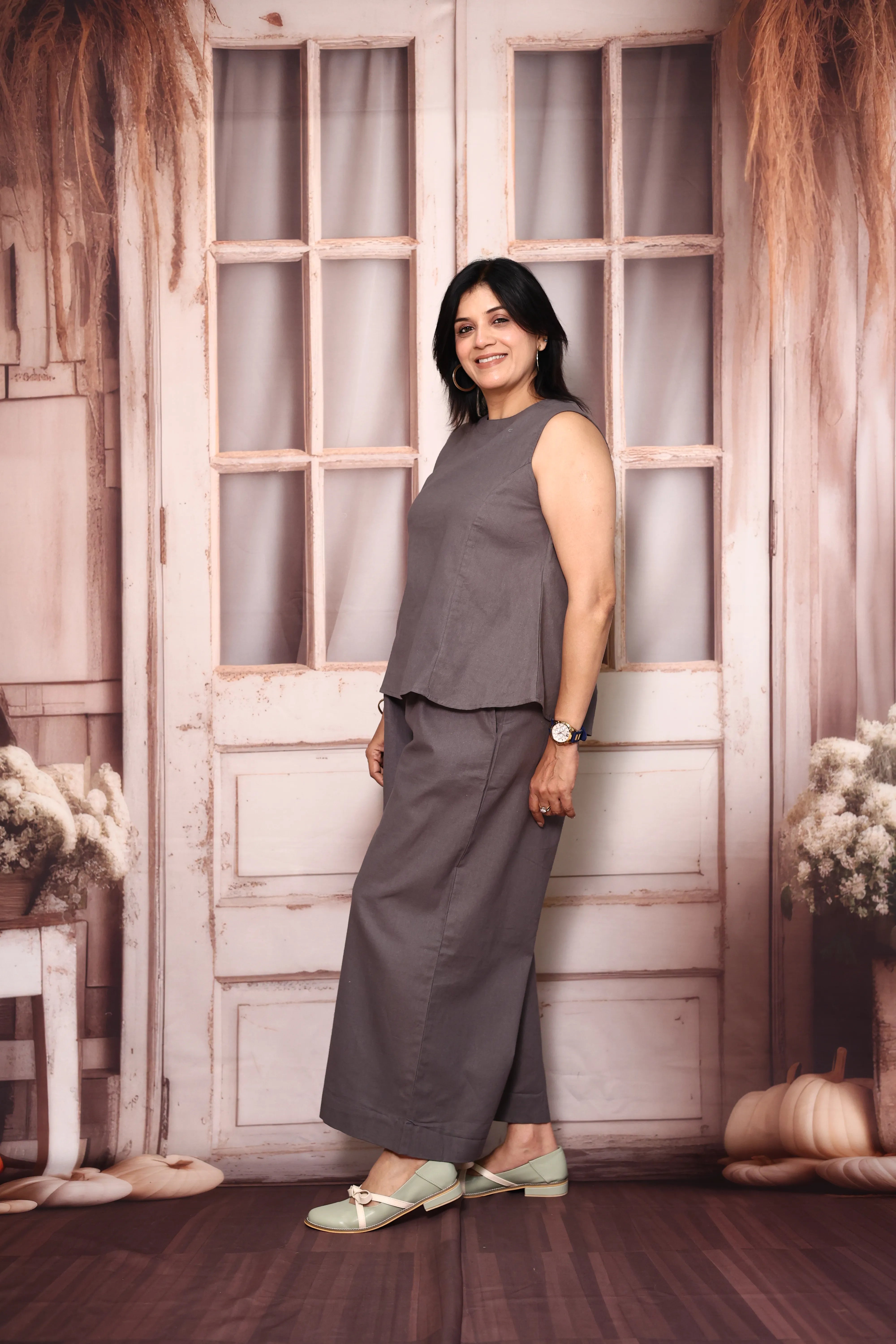 Grey Solid Sleeveless Co-Ord Set | Cotton Flex Casual & Office Wear Set for Women