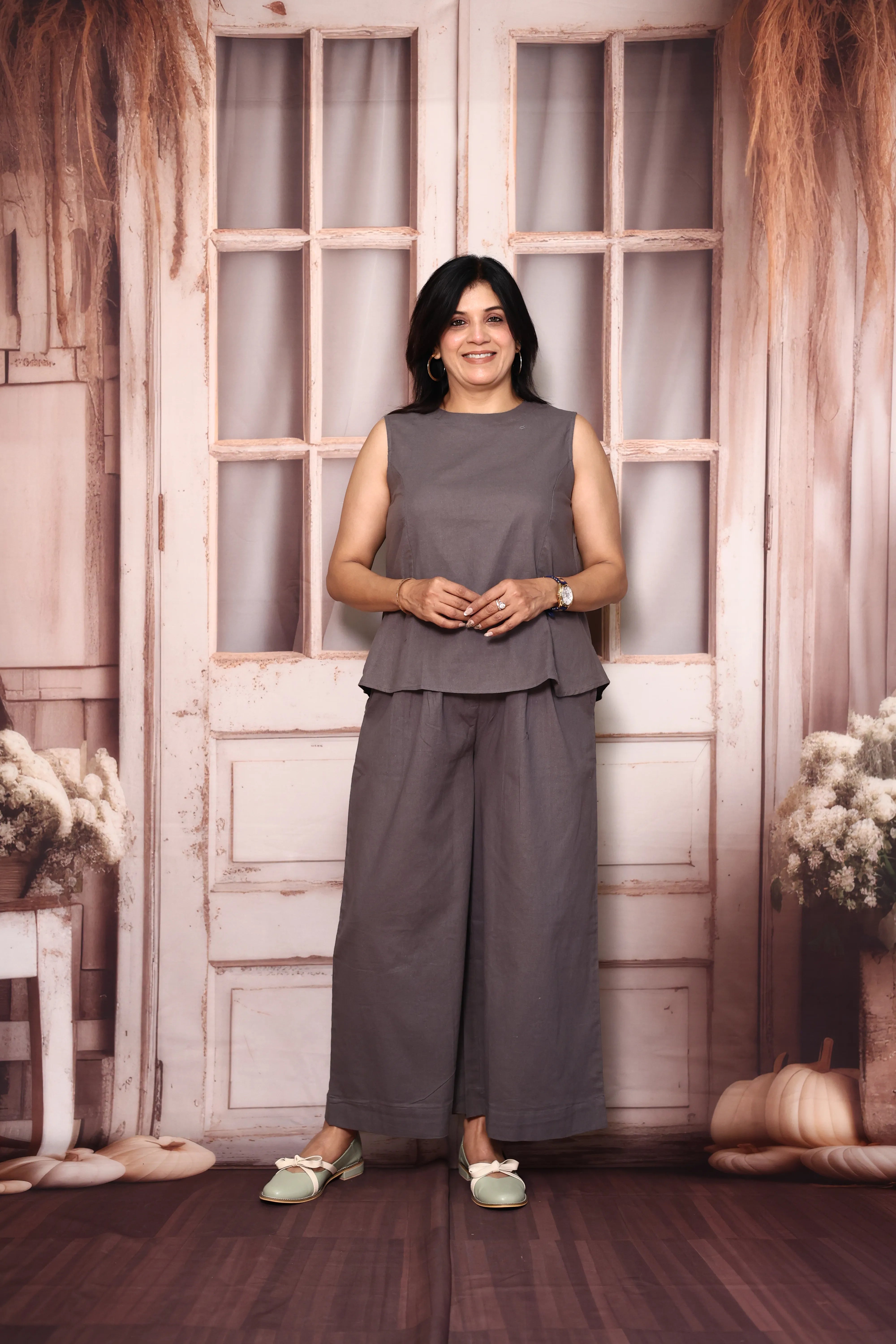 Grey Solid Sleeveless Co-Ord Set | Cotton Flex Casual & Office Wear Set for Women