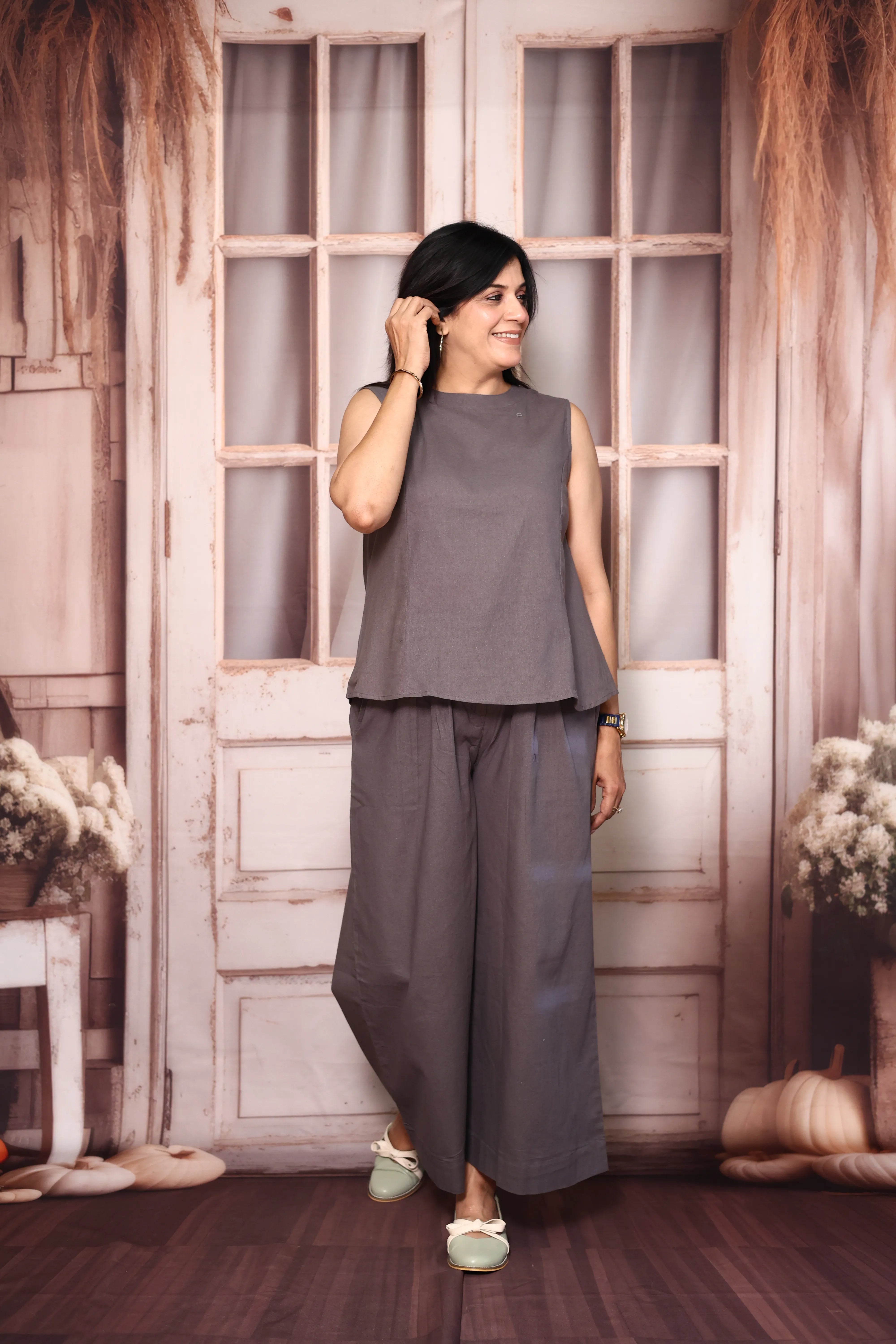 Grey Solid Sleeveless Co-Ord Set | Cotton Flex Casual & Office Wear Set for Women