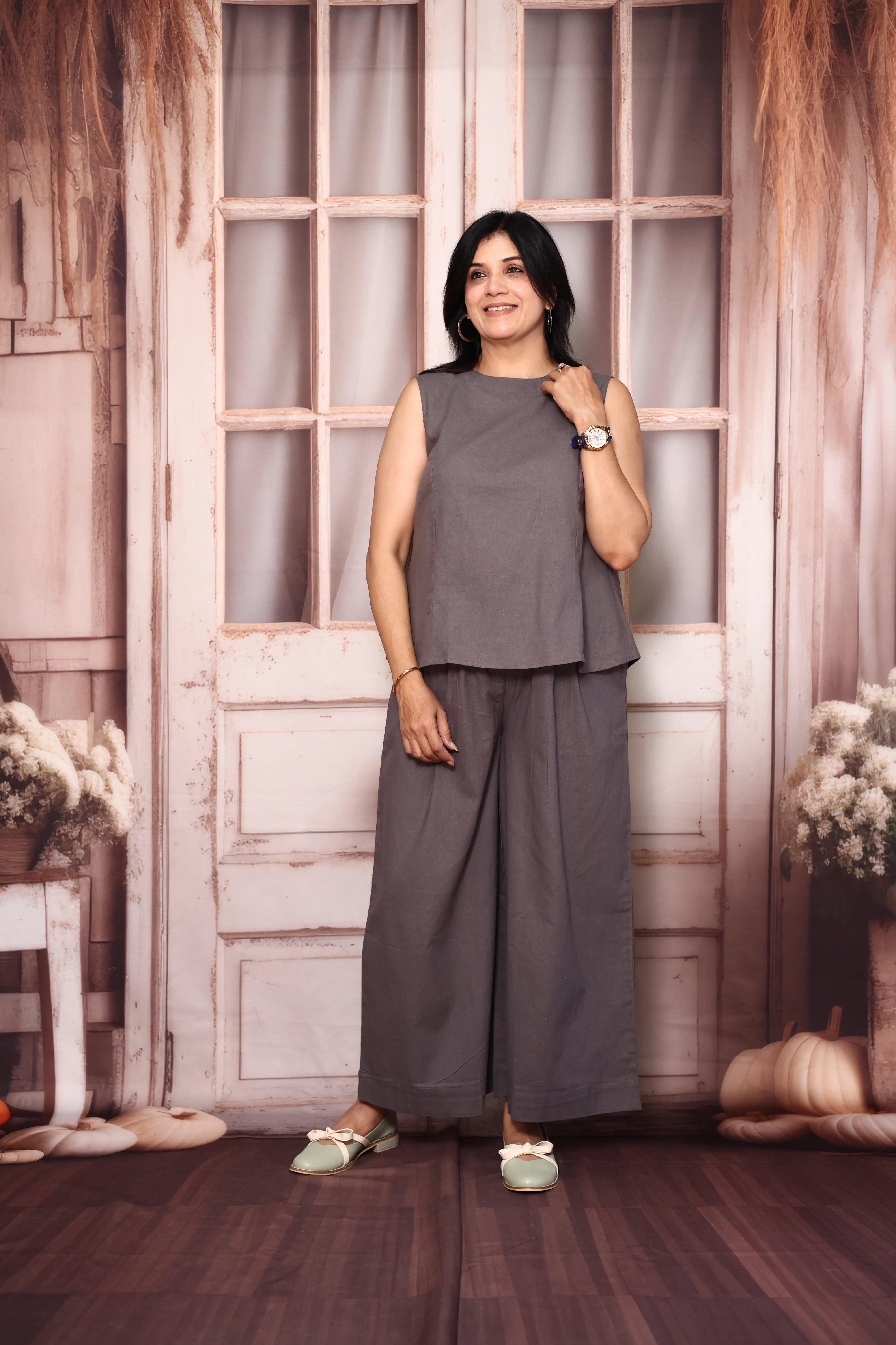 Grey Solid Sleeveless Co-Ord Set | Cotton Flex Casual & Office Wear Set for Women