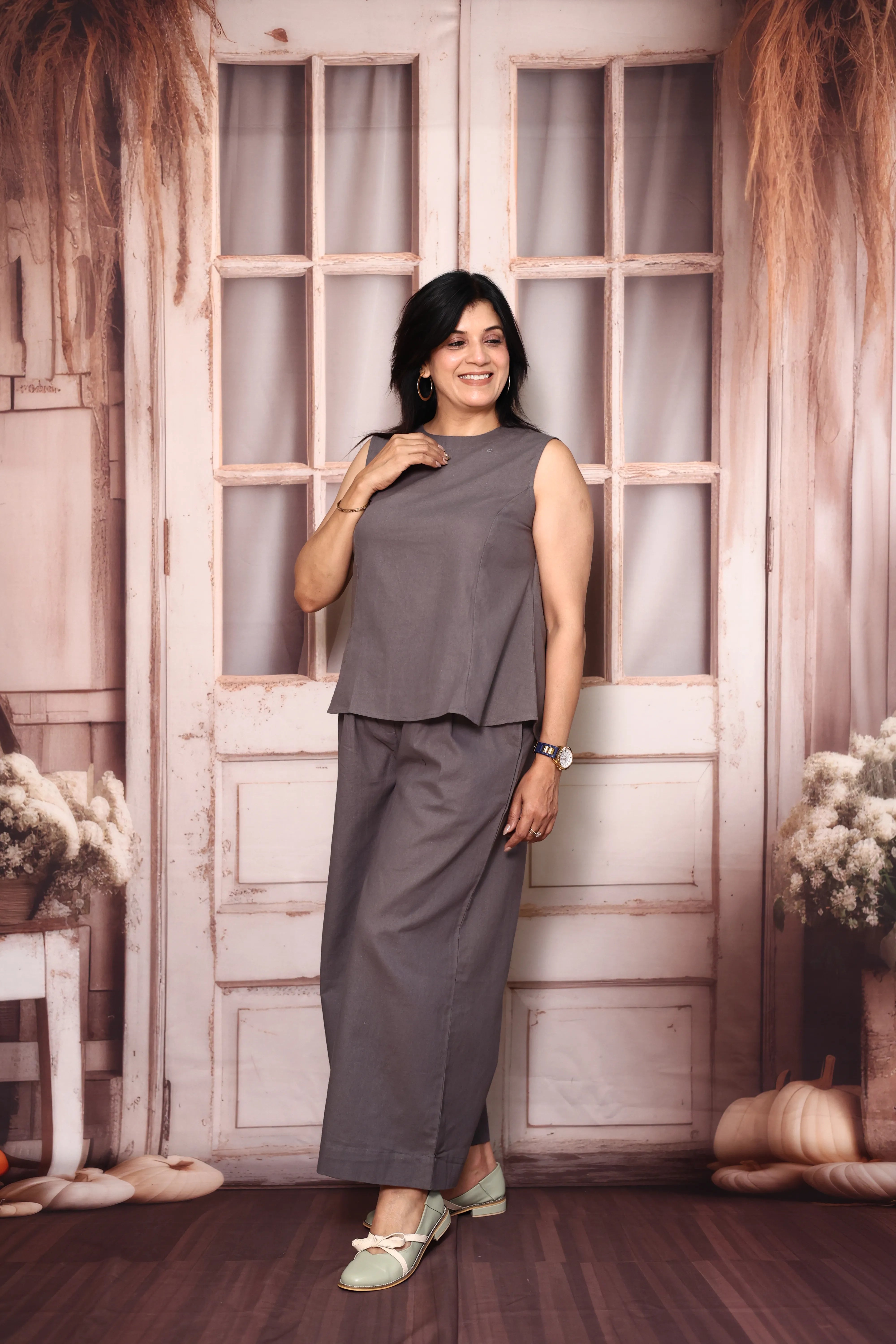 Grey Solid Sleeveless Co-Ord Set | Cotton Flex Casual & Office Wear Set for Women