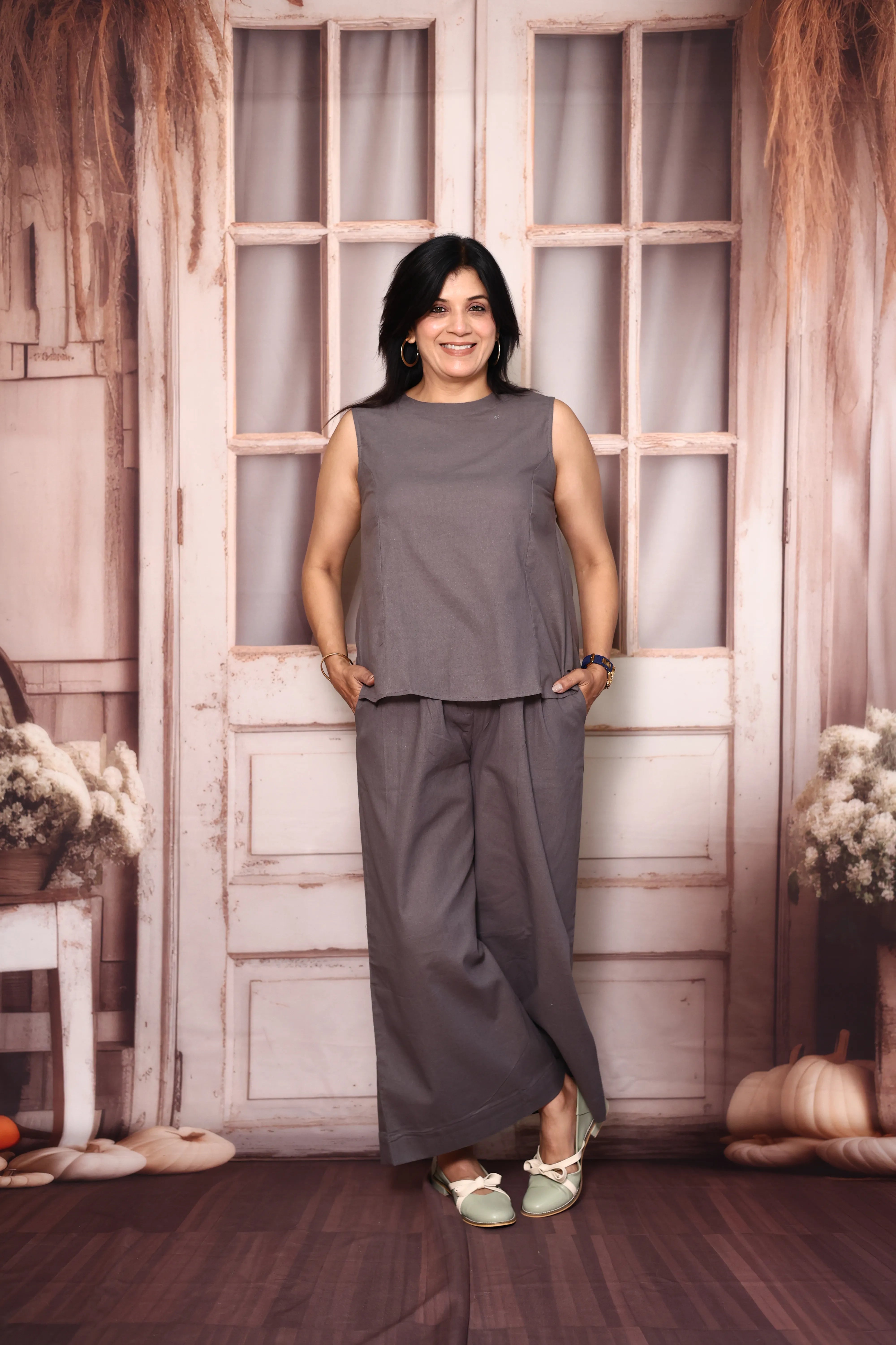 Grey Solid Sleeveless Co-Ord Set | Cotton Flex Casual & Office Wear Set for Women
