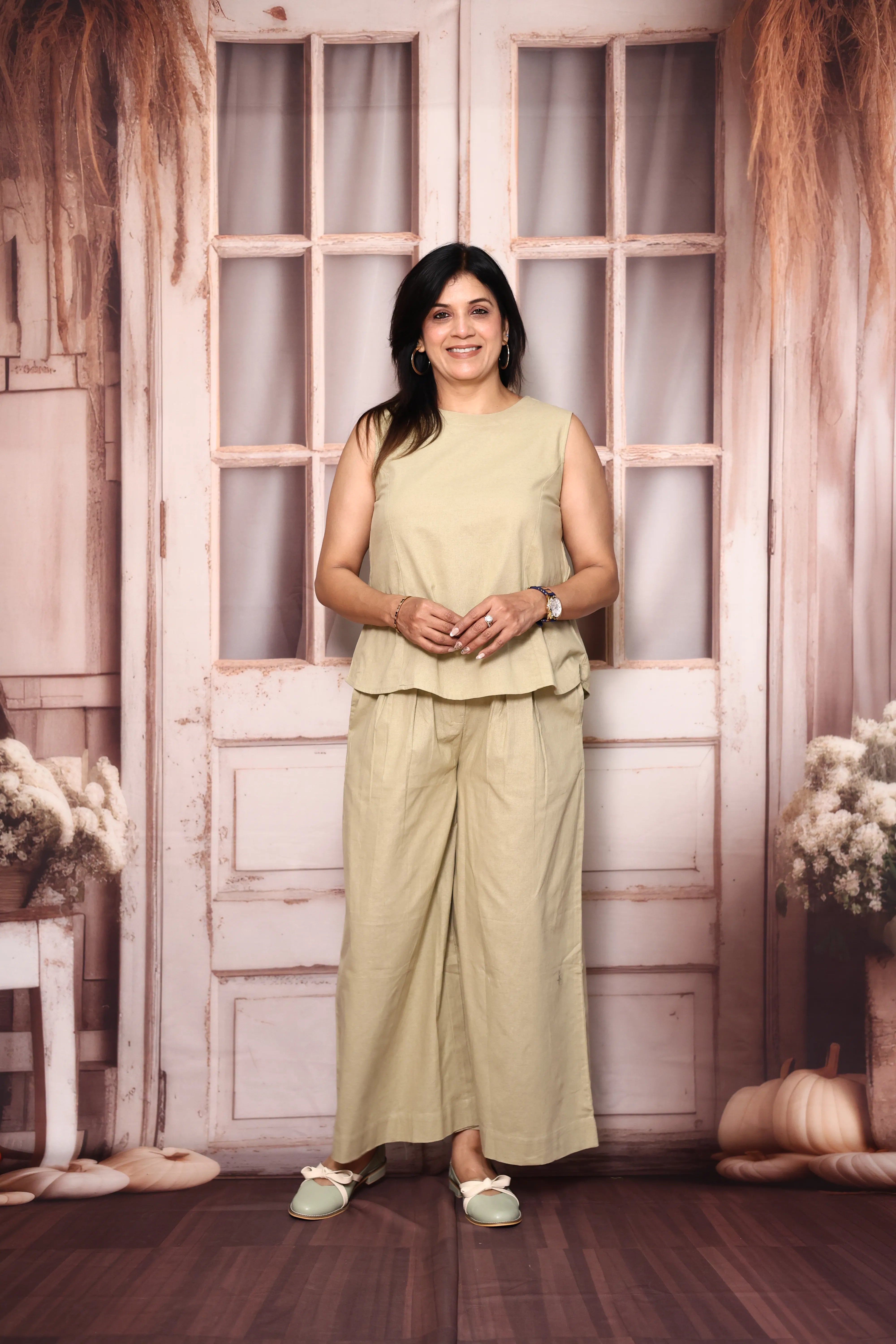 Beige Cream Sleeveless Co-Ord Set | Cotton Flex Casual & Office Wear Set for Women