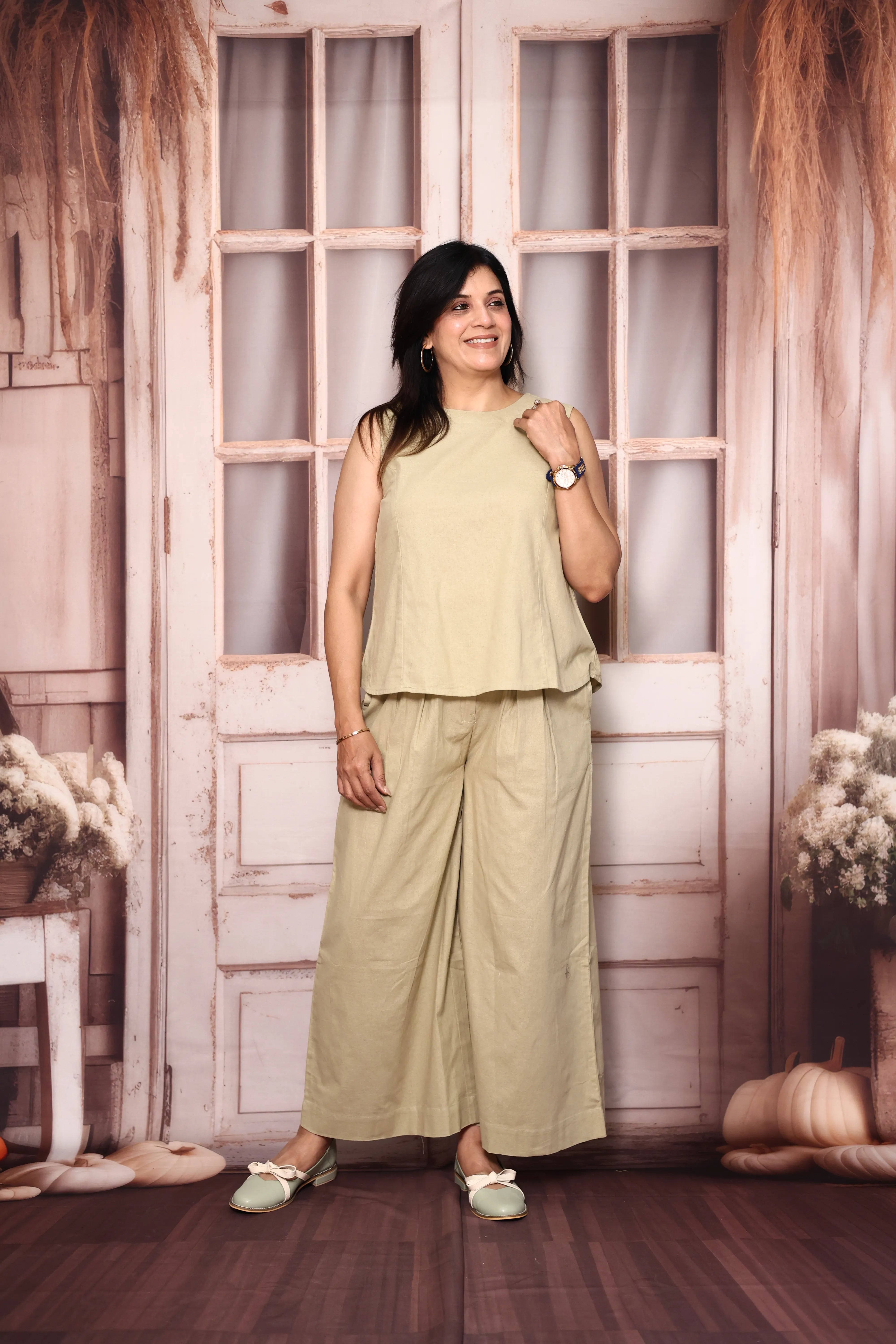Beige Cream Sleeveless Co-Ord Set | Cotton Flex Casual & Office Wear Set for Women