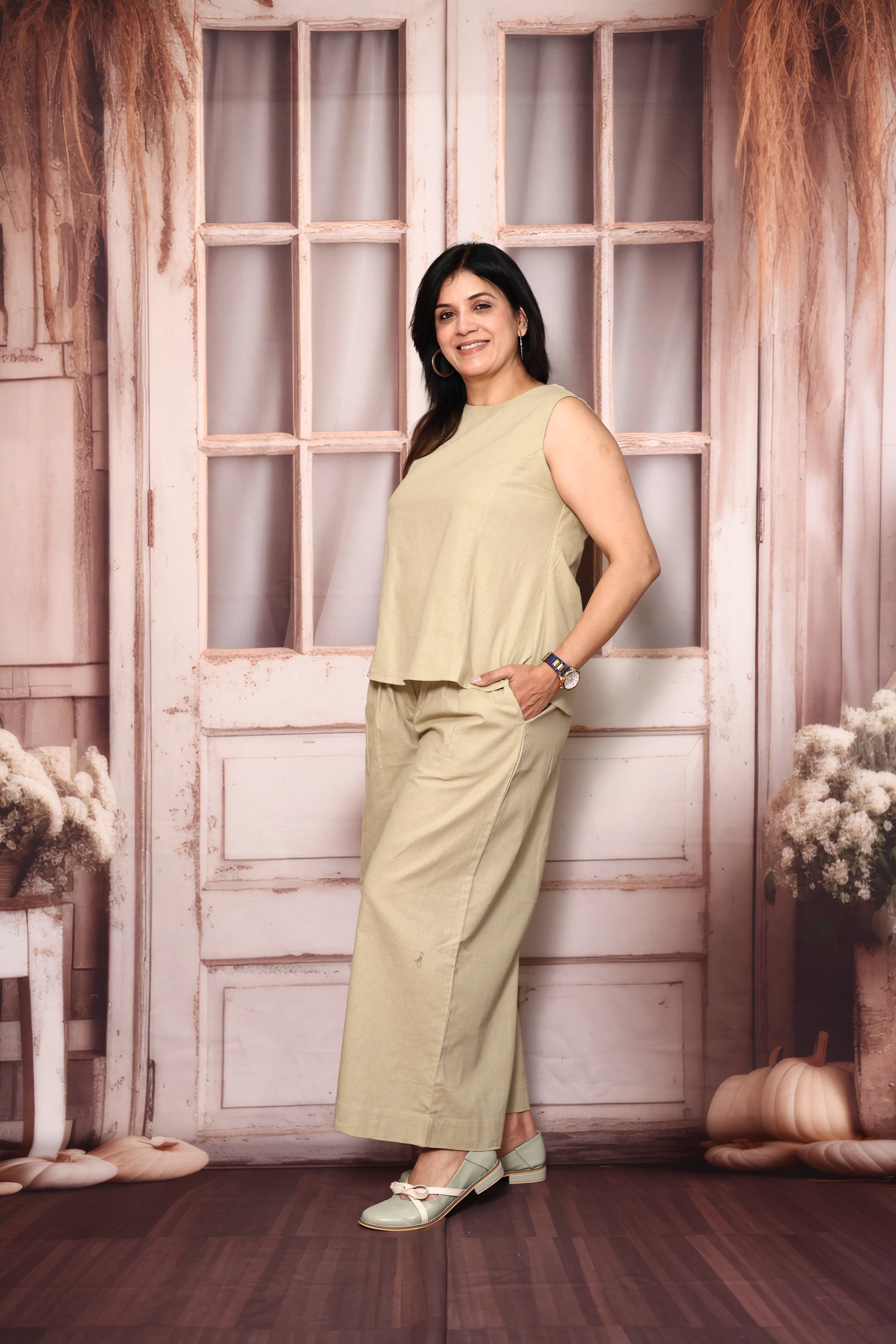Beige Cream Sleeveless Co-Ord Set | Cotton Flex Casual & Office Wear Set for Women