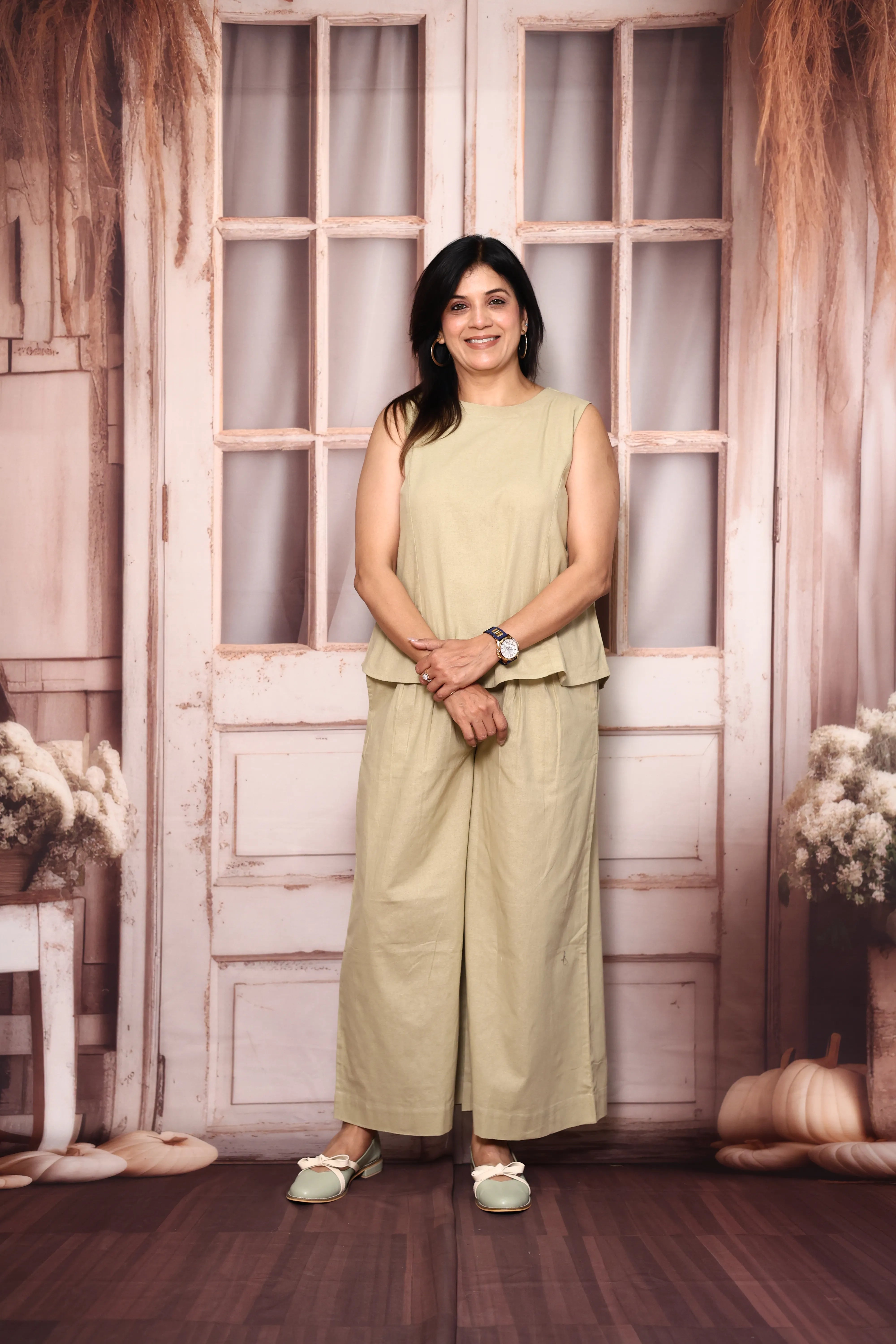 Beige Cream Sleeveless Co-Ord Set | Cotton Flex Casual & Office Wear Set for Women