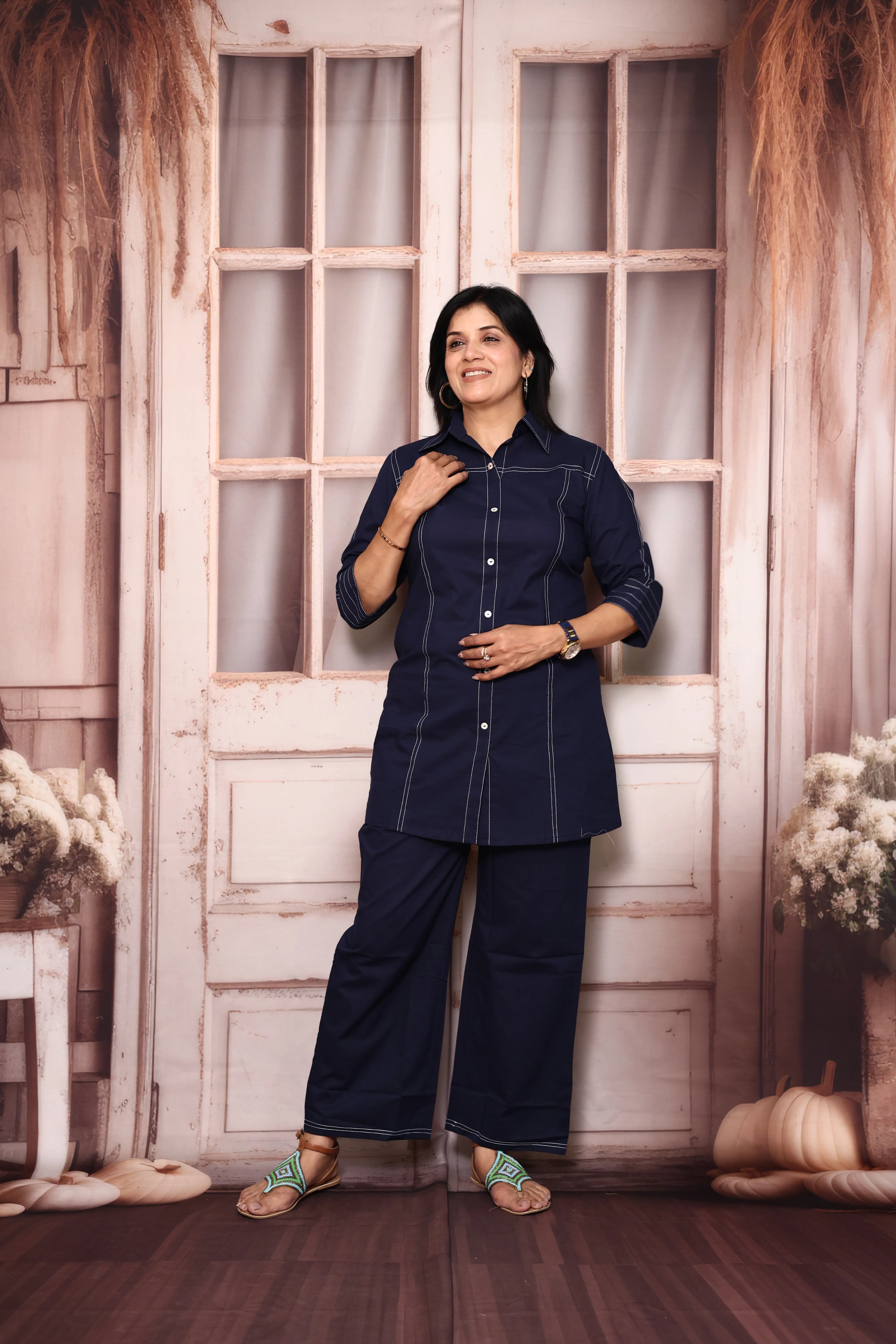 Navy Blue Collar Neck Co-Ord Set | Soft Cotton Thread Work Office Wear Set for Women