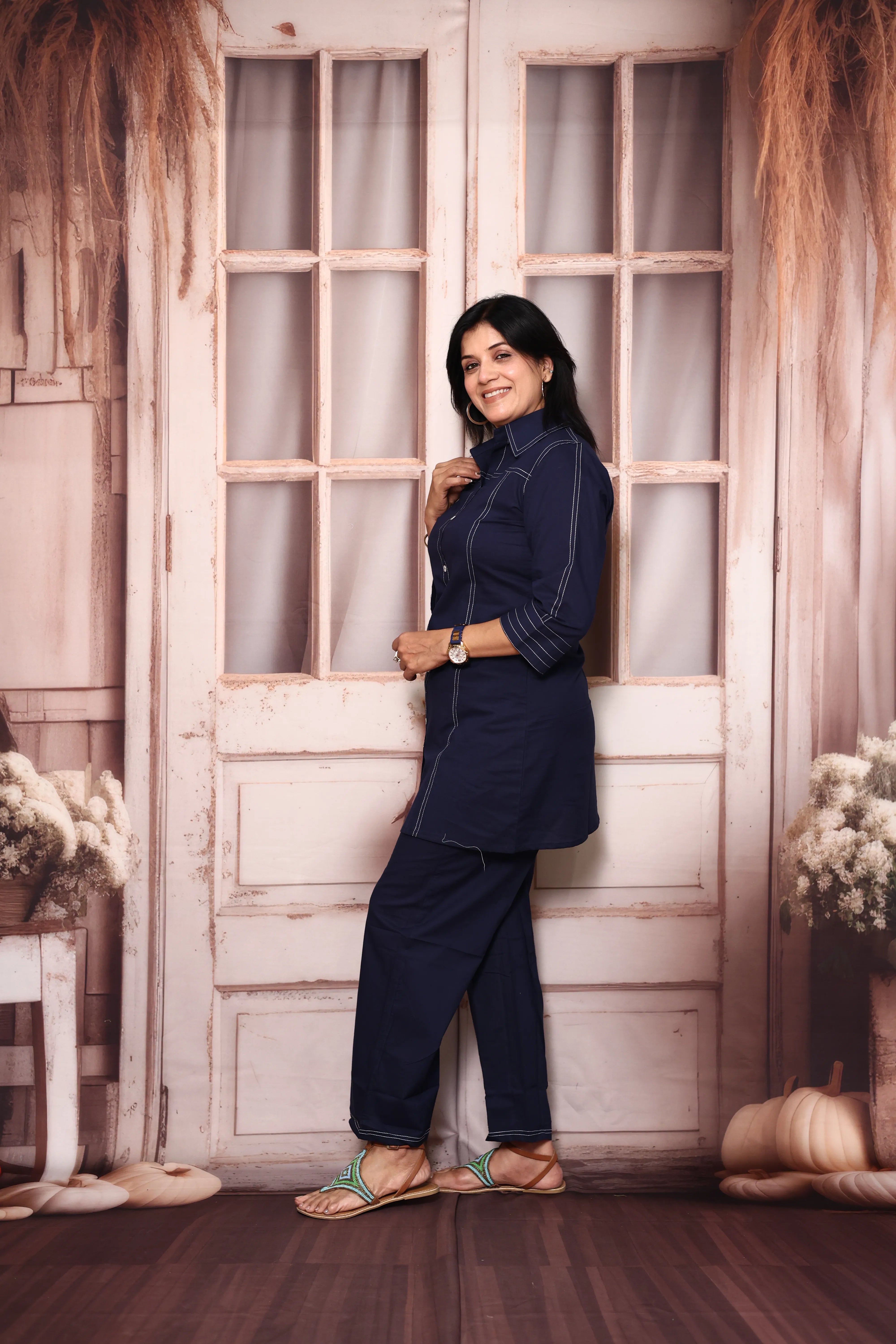 Navy Blue Collar Neck Co-Ord Set | Soft Cotton Thread Work Office Wear Set for Women