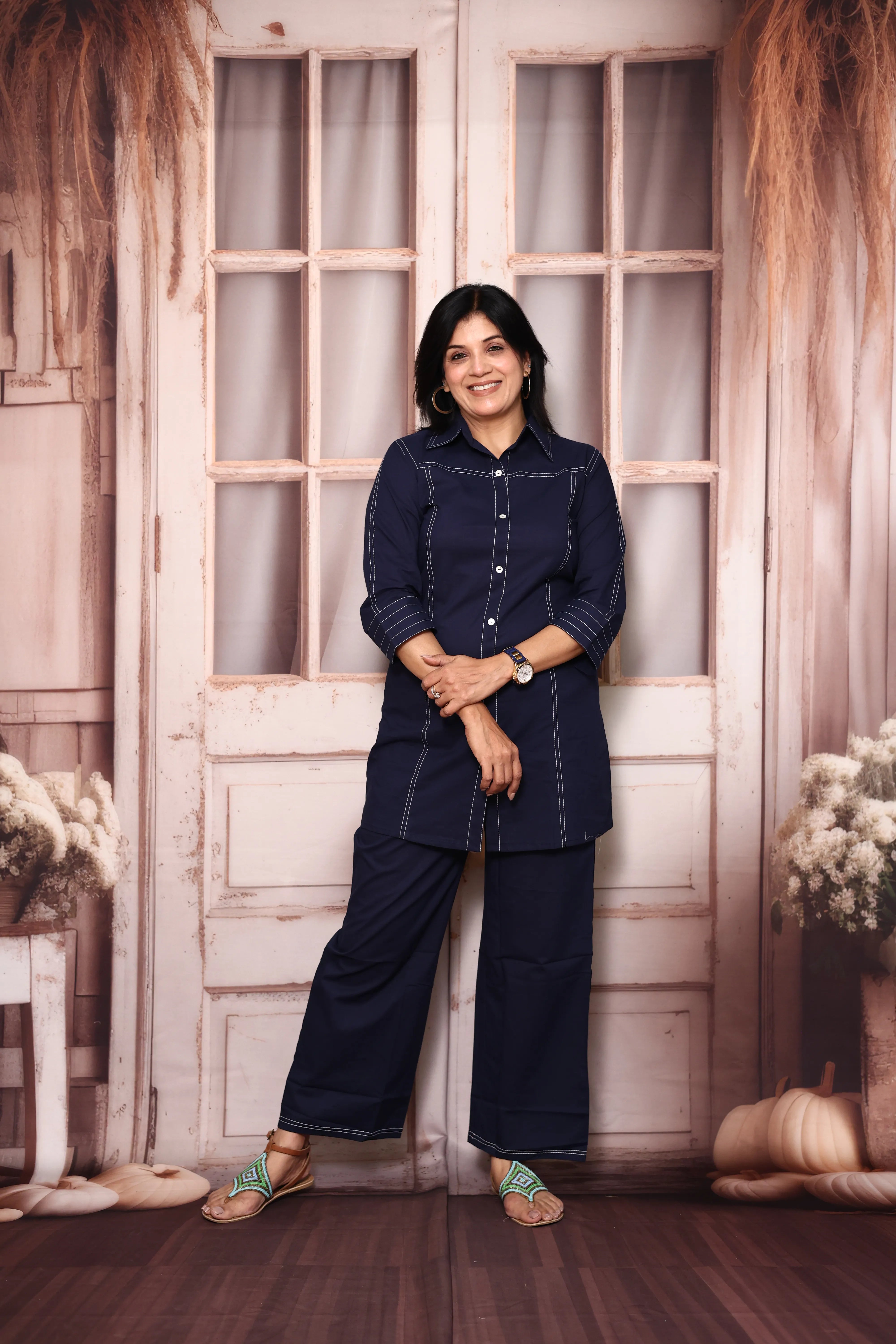 Navy Blue Collar Neck Co-Ord Set | Soft Cotton Thread Work Office Wear Set for Women